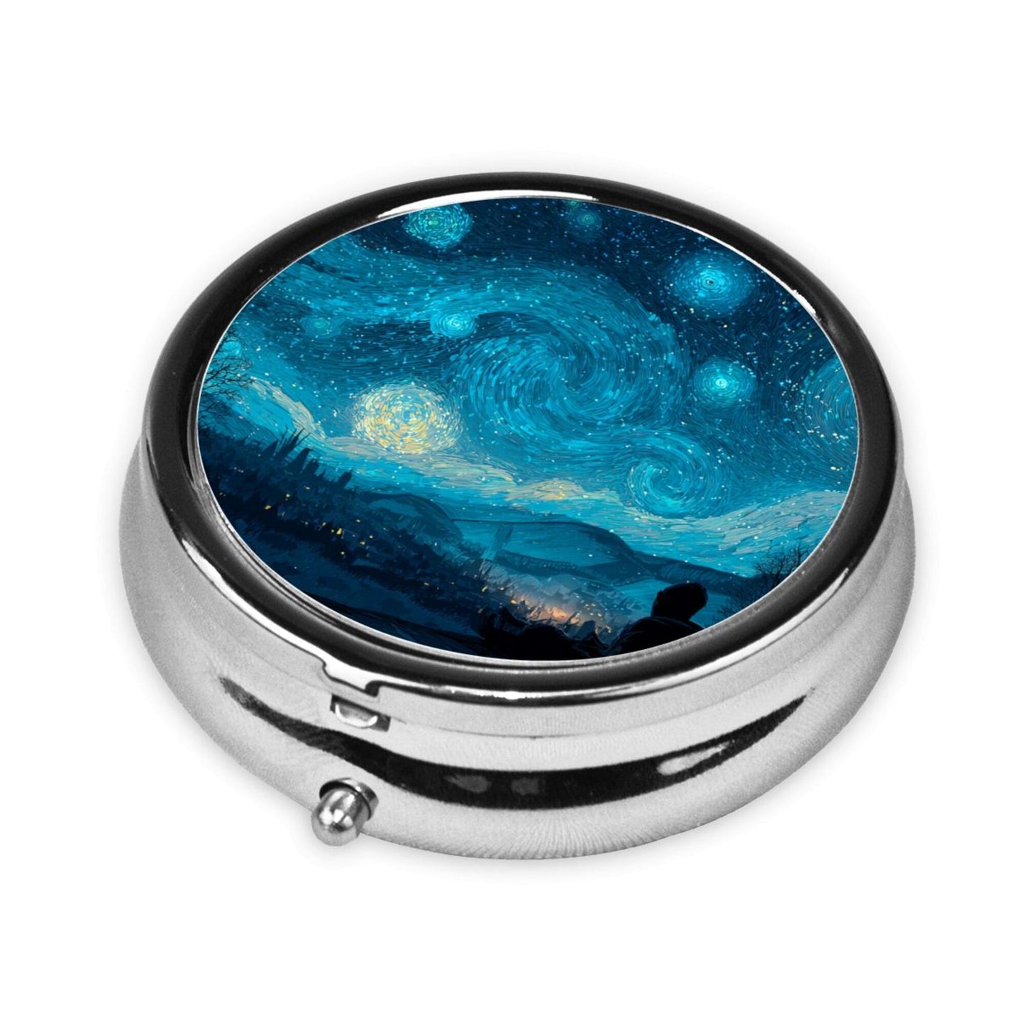 Round Mini Pill Box with Starry Sky Art Design – Portable 3-Compartment Metal Medicine Organizer