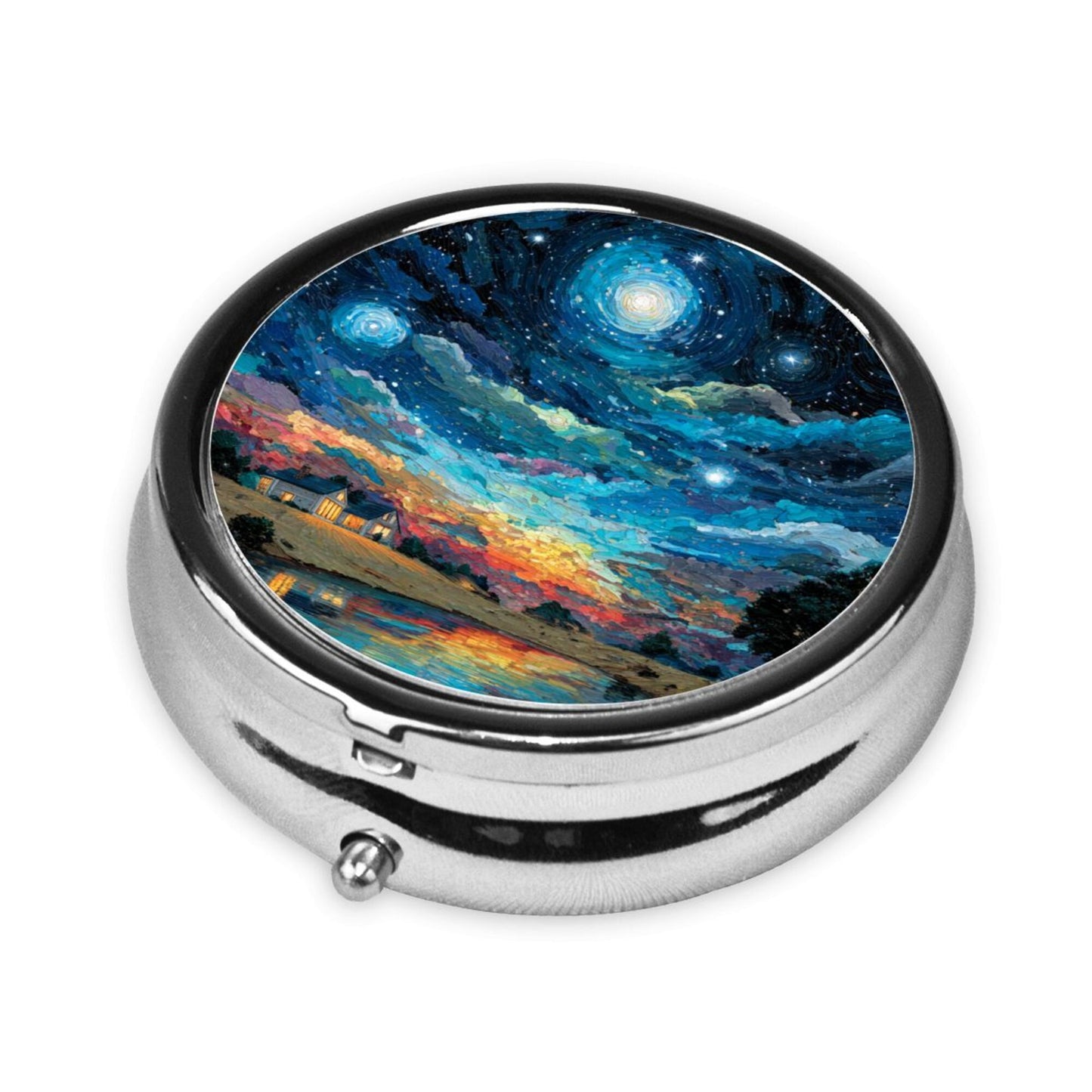 Round Mini Pill Box with Starry Sky Art Design – Portable 3-Compartment Metal Organizer, 4.5cm Diameter