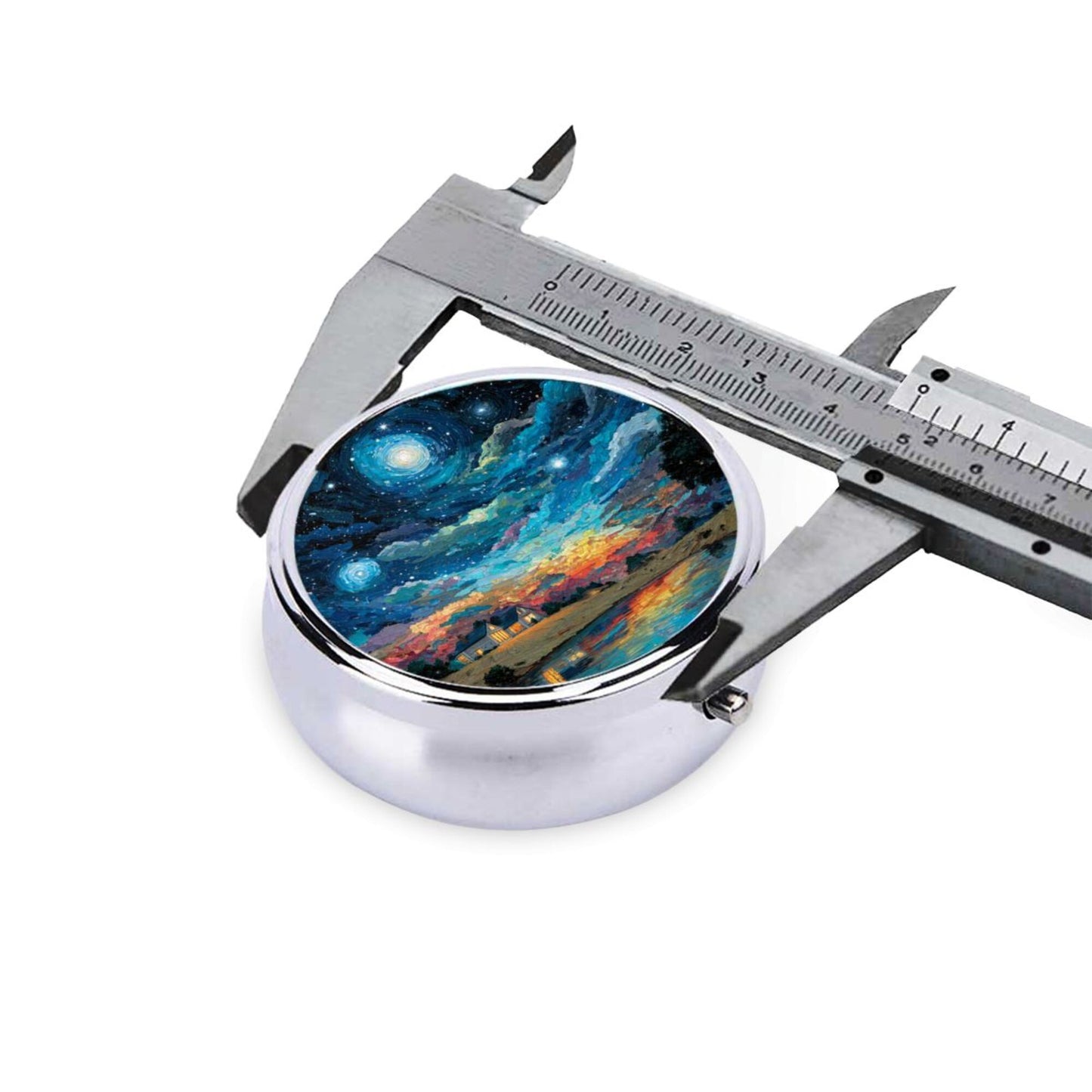 Round Mini Pill Box with Starry Sky Art Design – Portable 3-Compartment Metal Organizer, 4.5cm Diameter