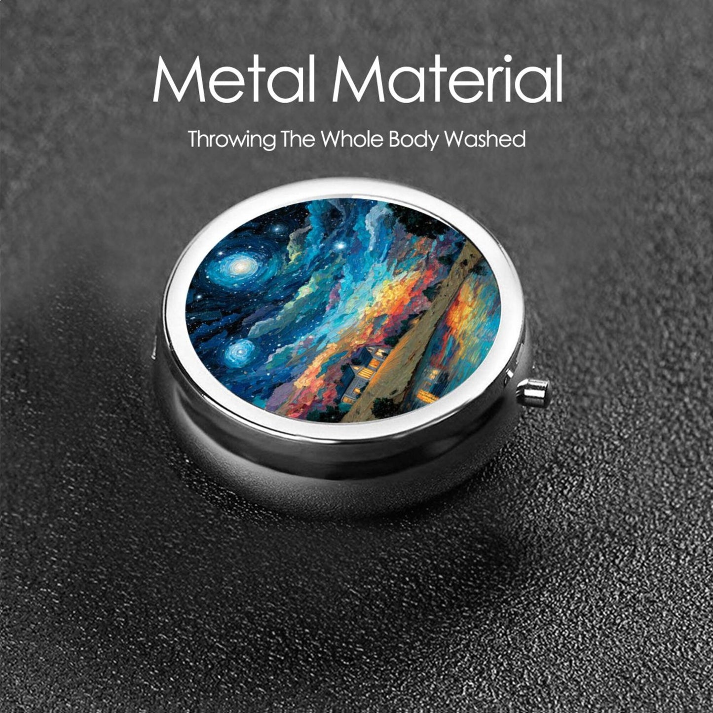 Round Mini Pill Box with Starry Sky Art Design – Portable 3-Compartment Metal Organizer, 4.5cm Diameter