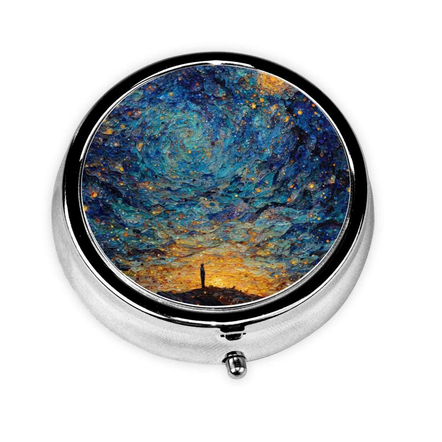 Round Mini Pill Box with Colorful Night Sky Oil Painting Design – Portable 3-Compartment Metal Organizer, 4.5cm Diameter