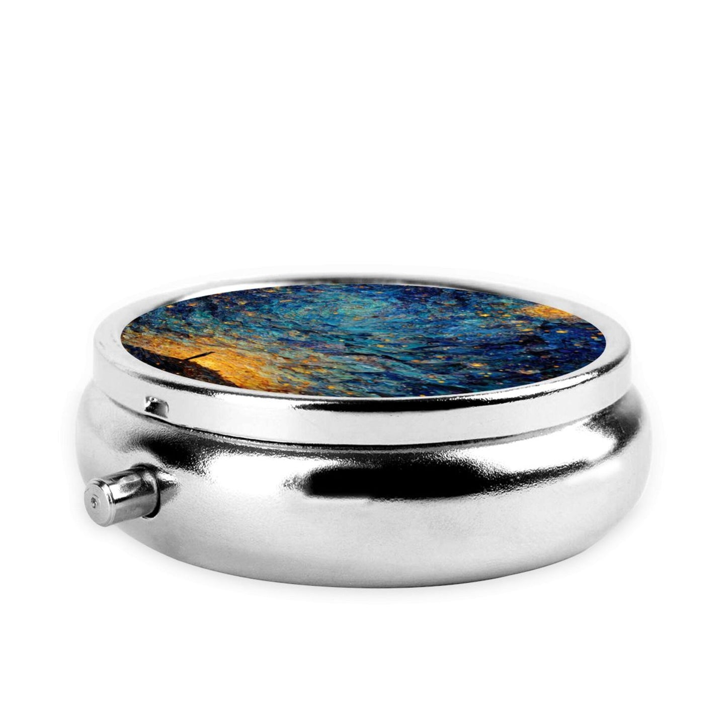 Round Mini Pill Box with Colorful Night Sky Oil Painting Design – Portable 3-Compartment Metal Organizer, 4.5cm Diameter