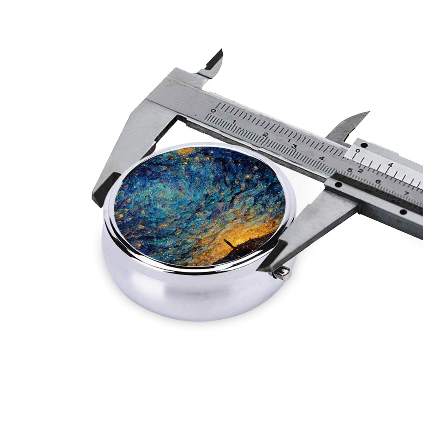 Round Mini Pill Box with Colorful Night Sky Oil Painting Design – Portable 3-Compartment Metal Organizer, 4.5cm Diameter