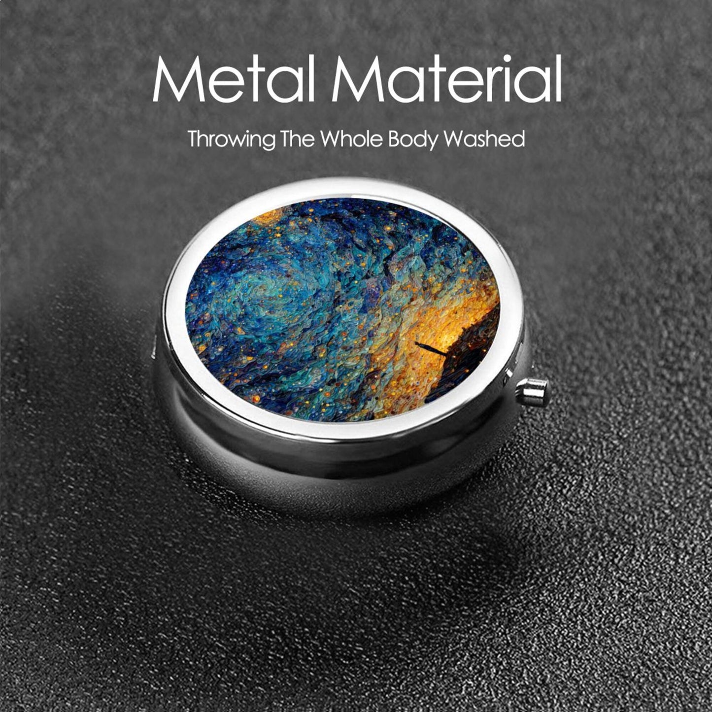 Round Mini Pill Box with Colorful Night Sky Oil Painting Design – Portable 3-Compartment Metal Organizer, 4.5cm Diameter