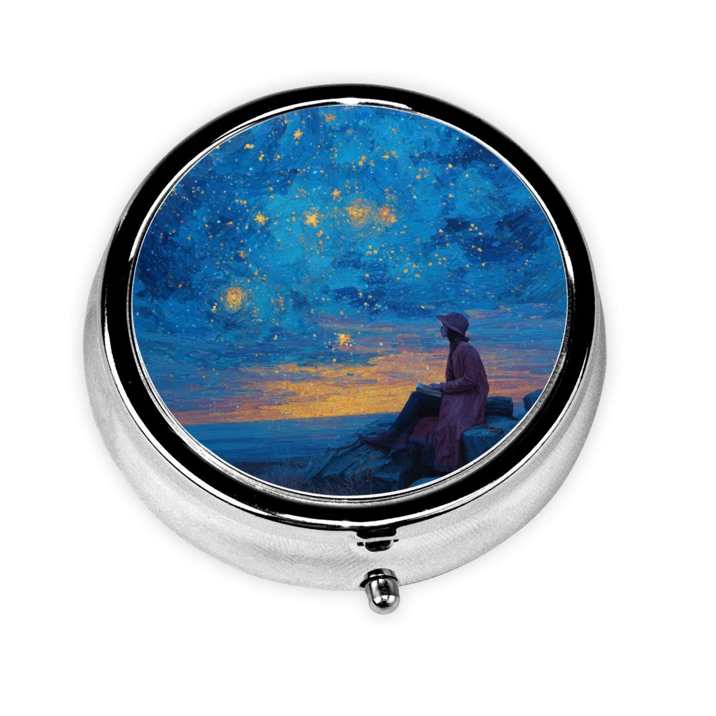 Round Mini Pill Box with Starry Night & Figure Art Design – Portable 3-Compartment Metal Organizer, 4.5cm Diameter