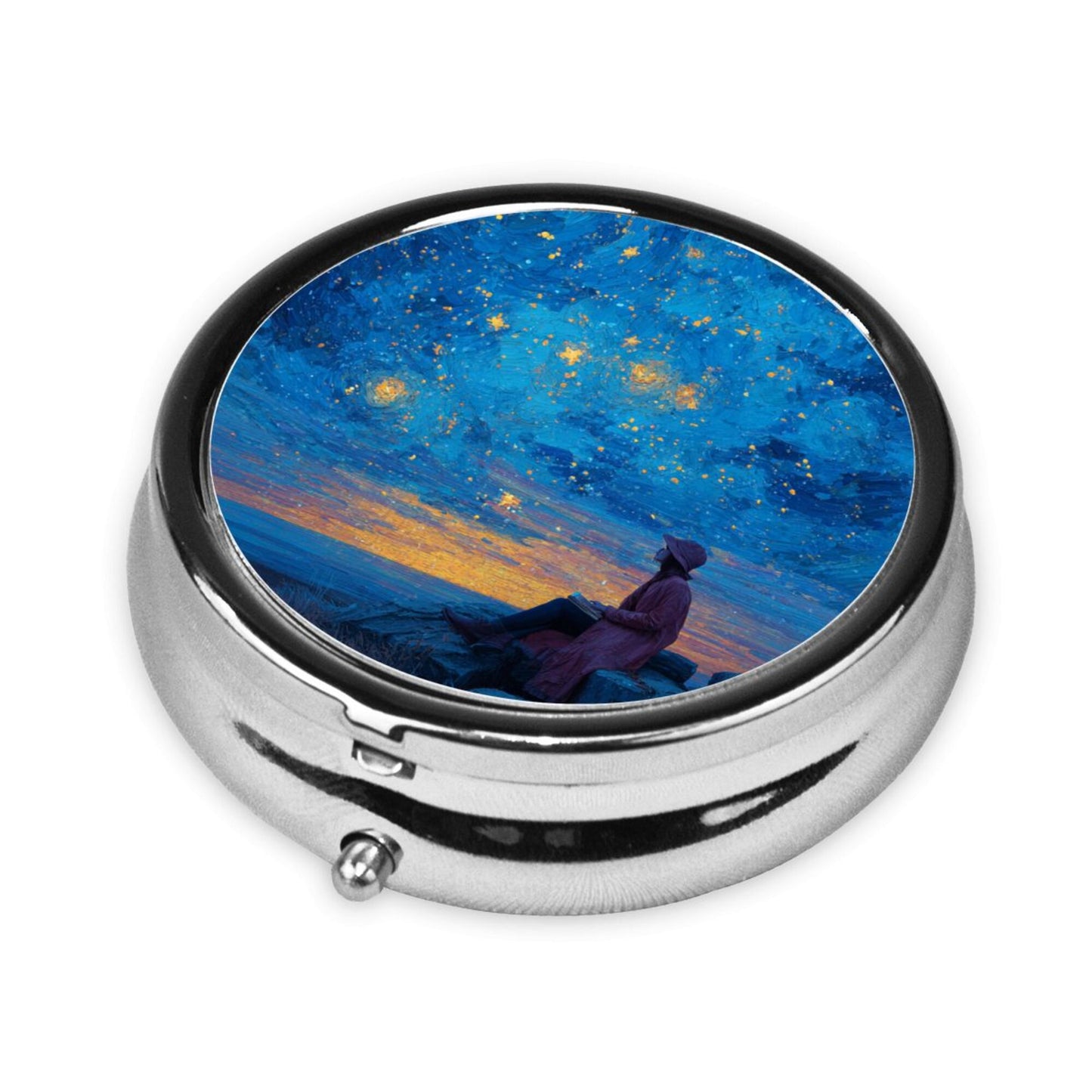 Round Mini Pill Box with Starry Night & Figure Art Design – Portable 3-Compartment Metal Organizer, 4.5cm Diameter