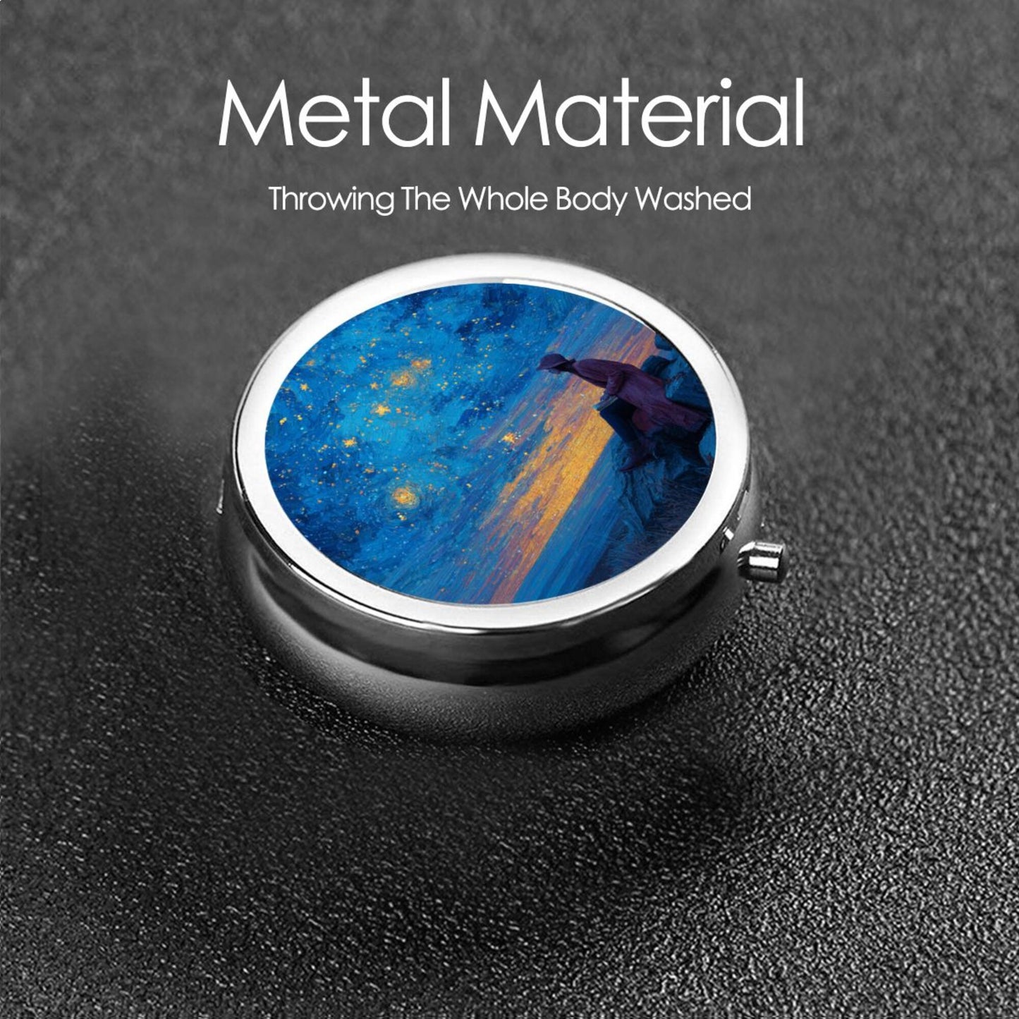 Round Mini Pill Box with Starry Night & Figure Art Design – Portable 3-Compartment Metal Organizer, 4.5cm Diameter