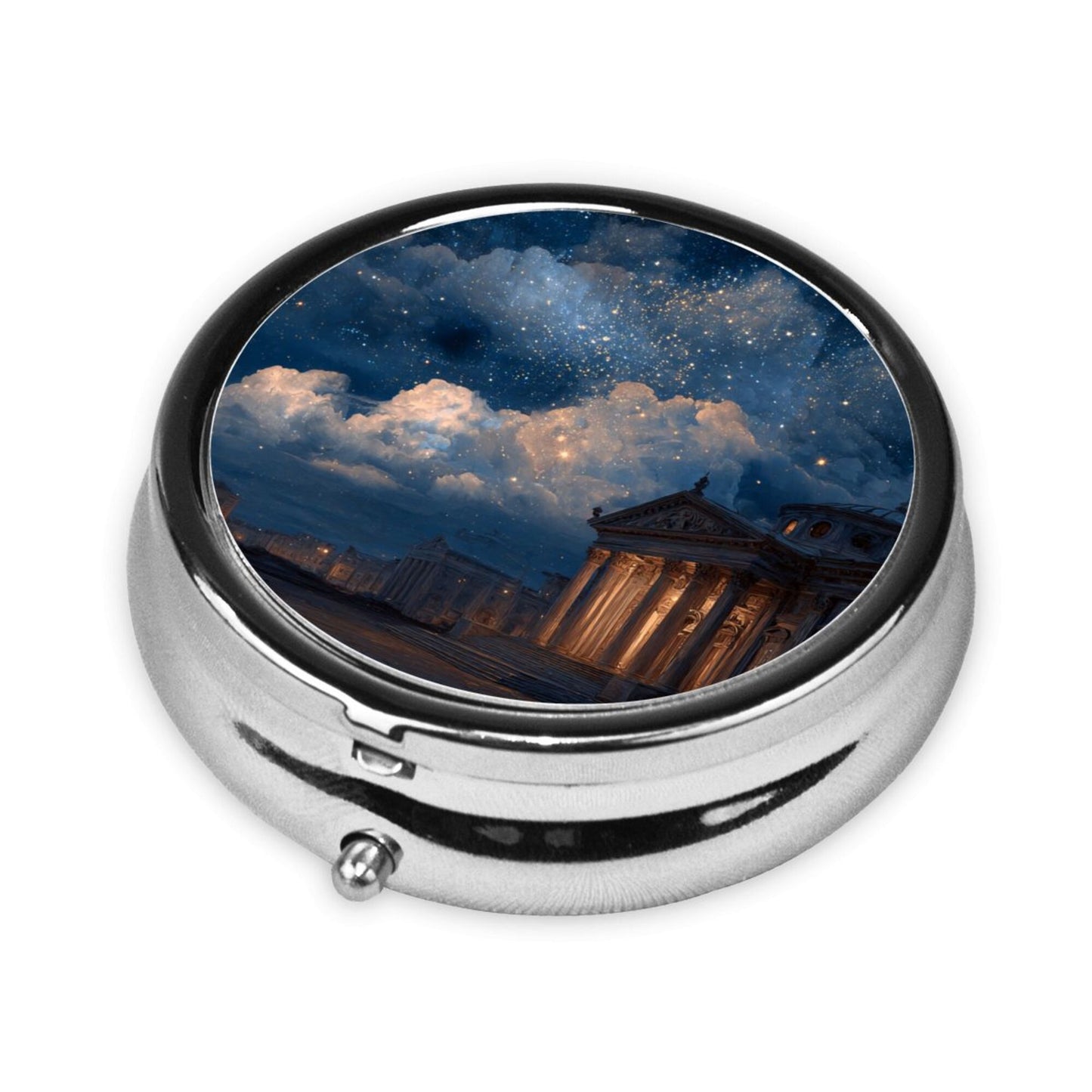 Round Mini Pill Box with Night Sky & Classical Architecture Design – Portable 3-Compartment Metal Organizer, 4.5cm Diameter
