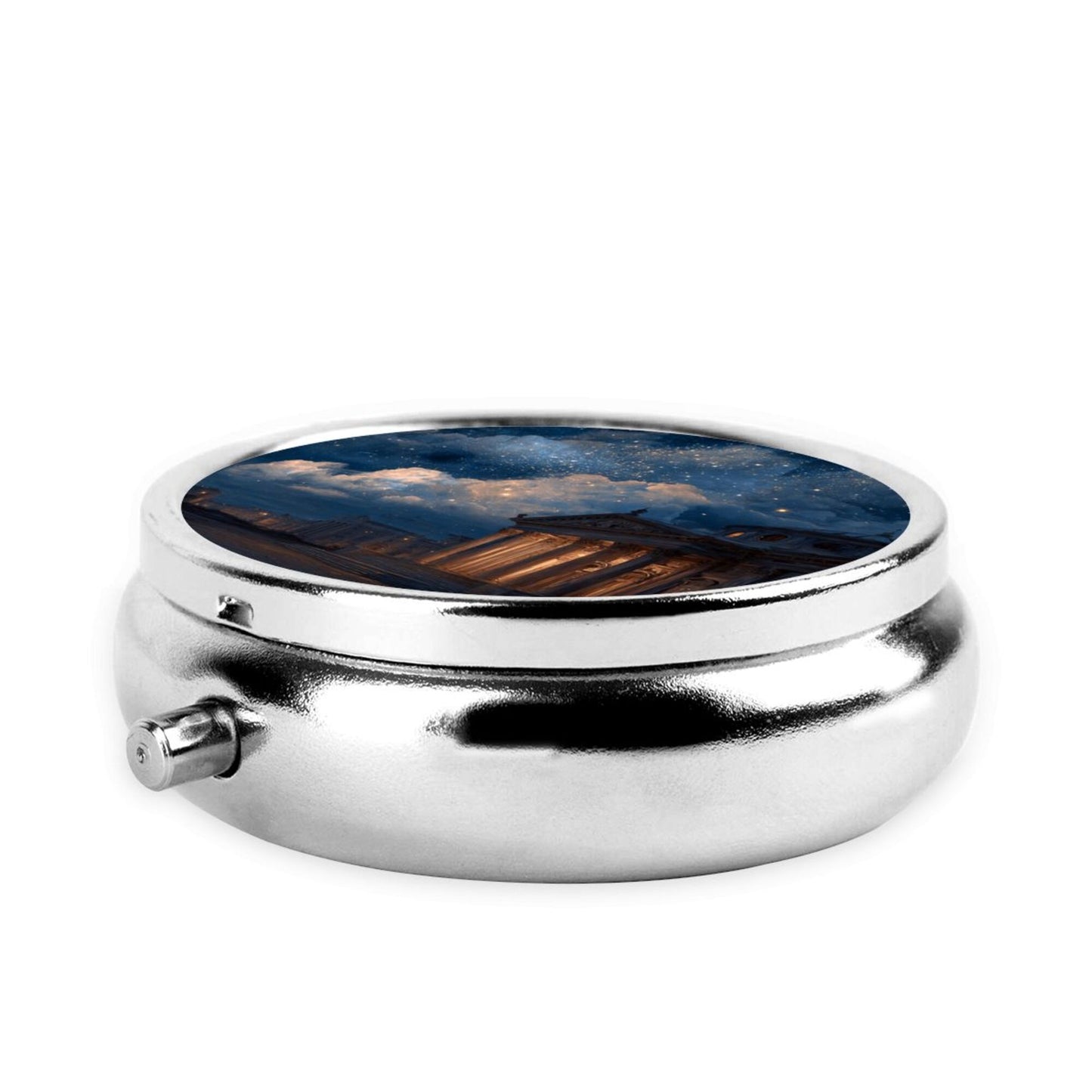 Round Mini Pill Box with Night Sky & Classical Architecture Design – Portable 3-Compartment Metal Organizer, 4.5cm Diameter