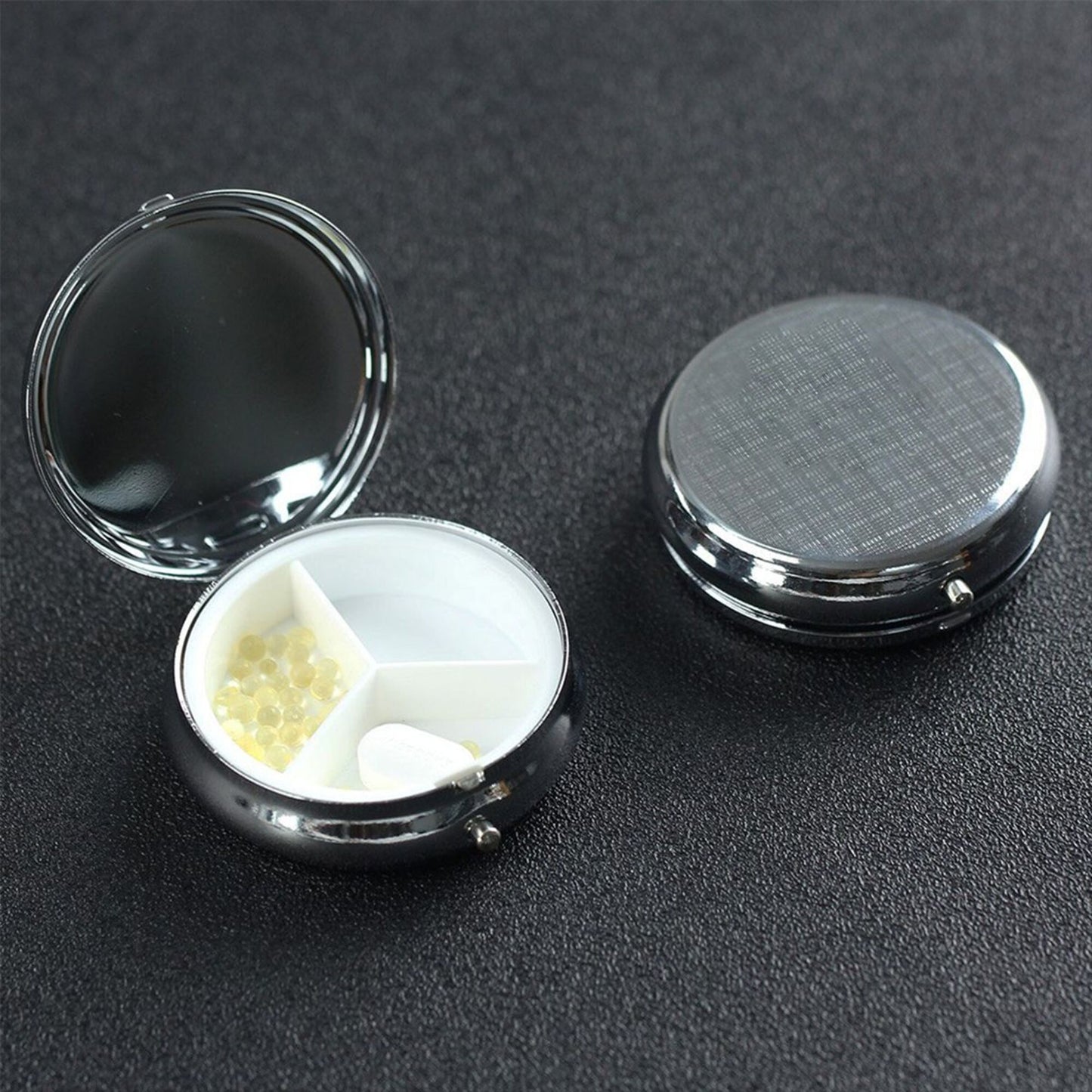 Round Mini Pill Box with Night Sky & Classical Architecture Design – Portable 3-Compartment Metal Organizer, 4.5cm Diameter