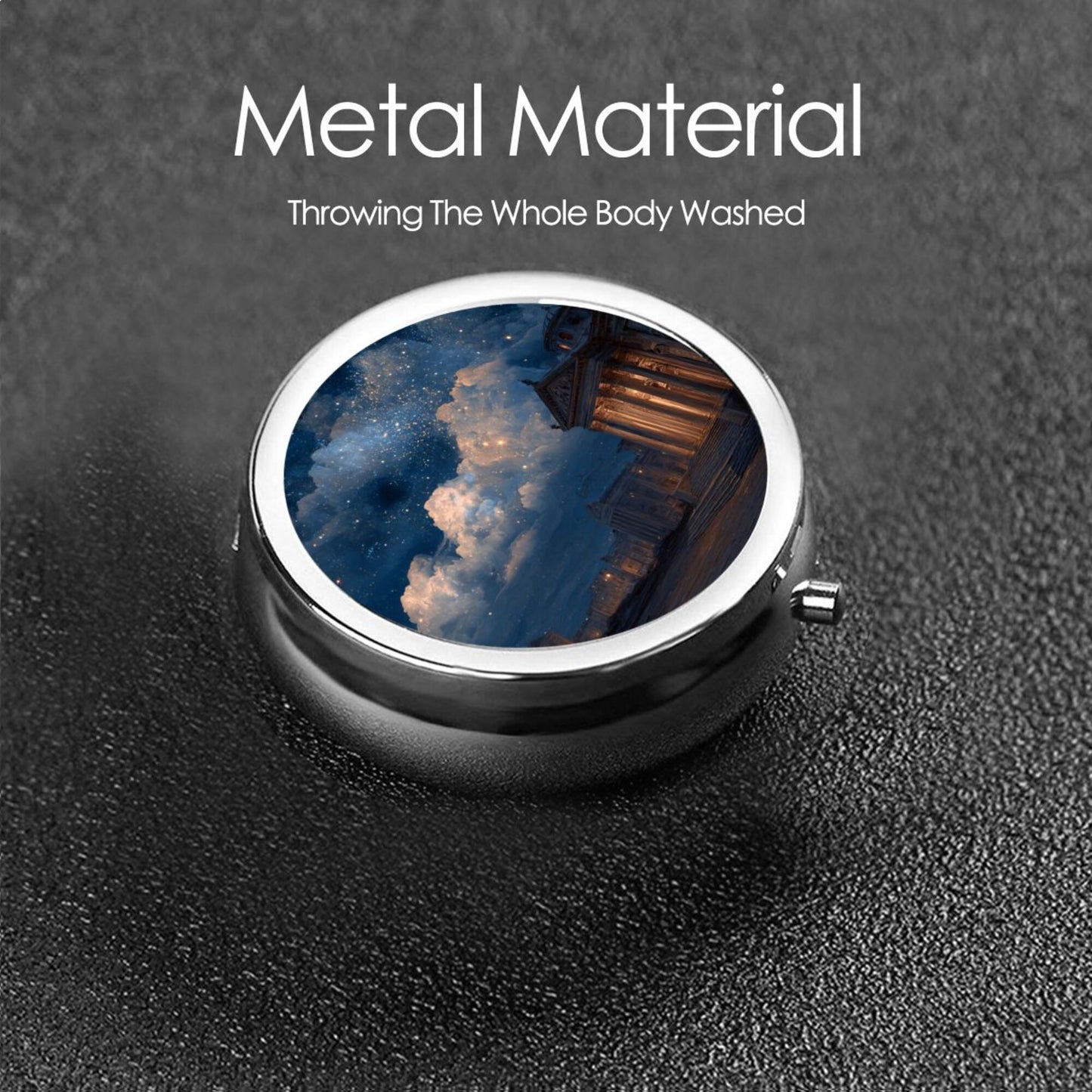 Round Mini Pill Box with Night Sky & Classical Architecture Design – Portable 3-Compartment Metal Organizer, 4.5cm Diameter