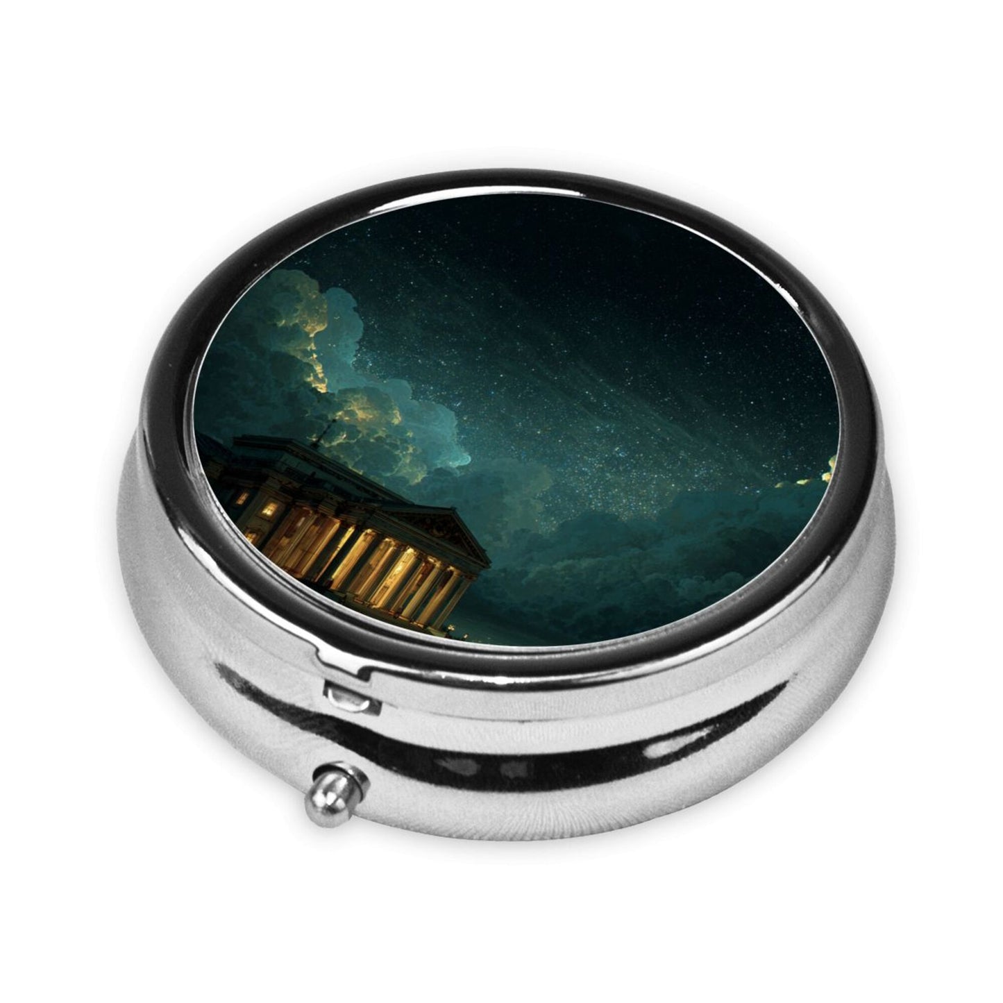 Round Mini Pill Box with Night Sky & Temple Art Design – Portable 3-Compartment Metal Organizer, 4.5cm Diameter