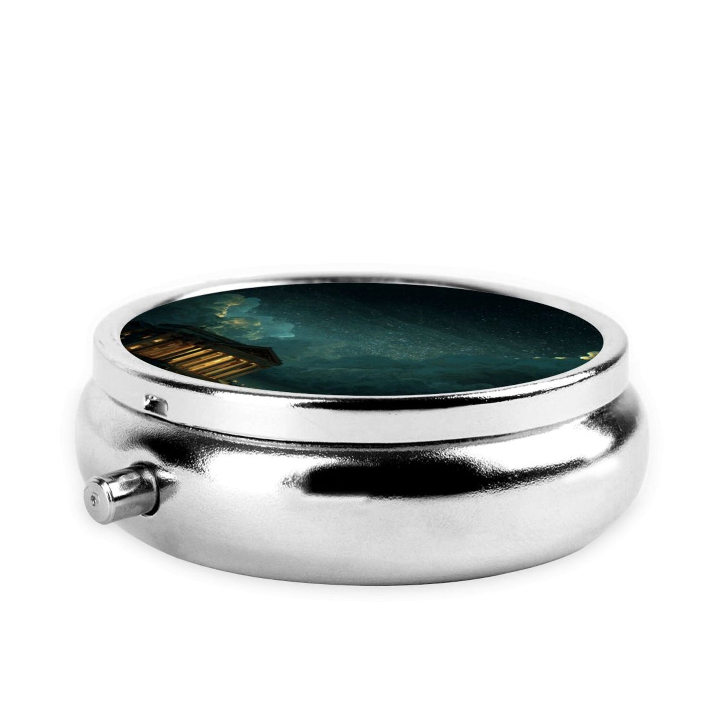 Round Mini Pill Box with Night Sky & Temple Art Design – Portable 3-Compartment Metal Organizer, 4.5cm Diameter