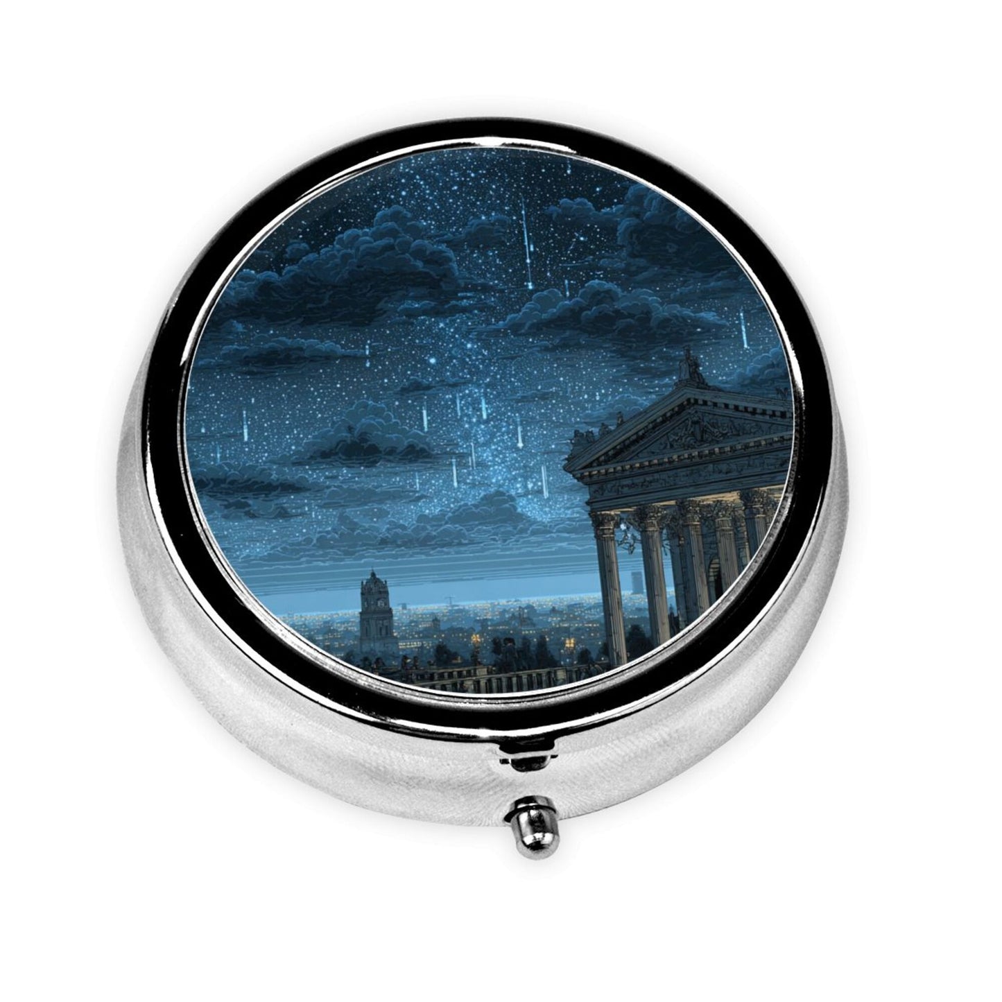 Round Mini Pill Box with Blue Night Sky & Classical Architecture Design – Portable 3-Compartment Metal Organizer, 4.5cm Diameter