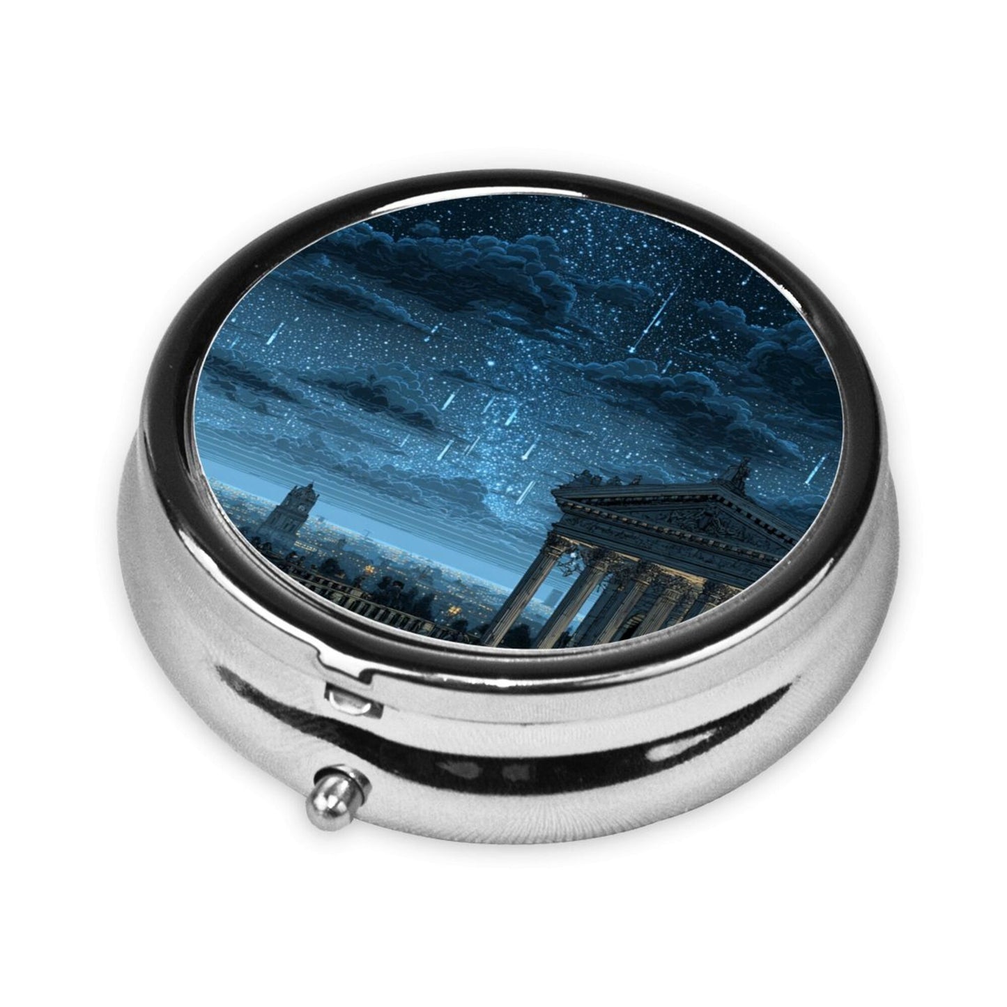 Round Mini Pill Box with Blue Night Sky & Classical Architecture Design – Portable 3-Compartment Metal Organizer, 4.5cm Diameter