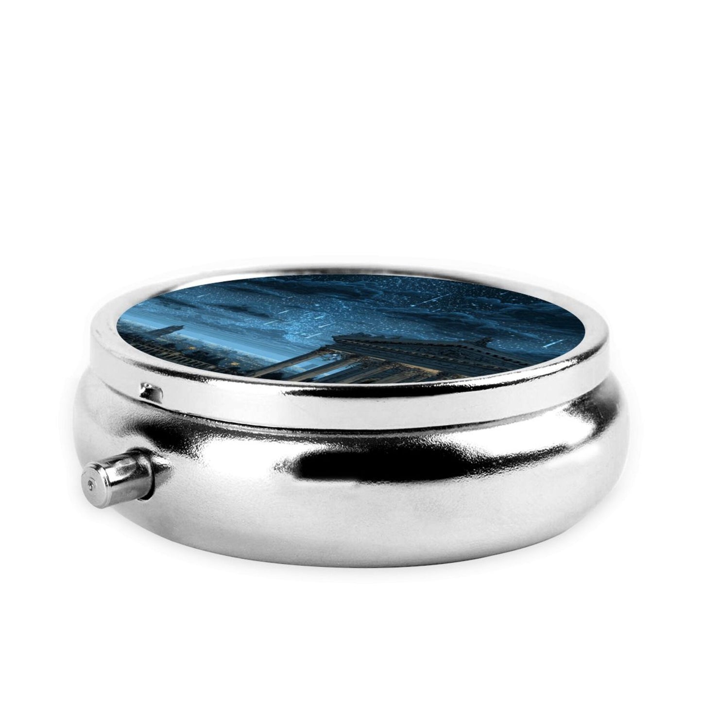 Round Mini Pill Box with Blue Night Sky & Classical Architecture Design – Portable 3-Compartment Metal Organizer, 4.5cm Diameter