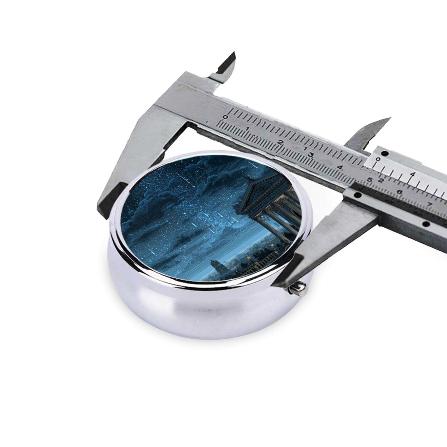 Round Mini Pill Box with Blue Night Sky & Classical Architecture Design – Portable 3-Compartment Metal Organizer, 4.5cm Diameter