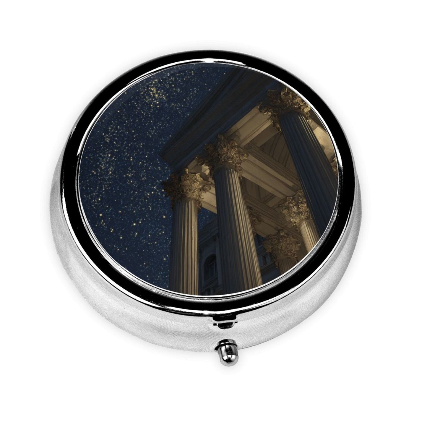 Round Mini Pill Box with Starry Sky & Classical Pillars Design – Portable 3-Compartment Metal Organizer, 4.5cm Diameter