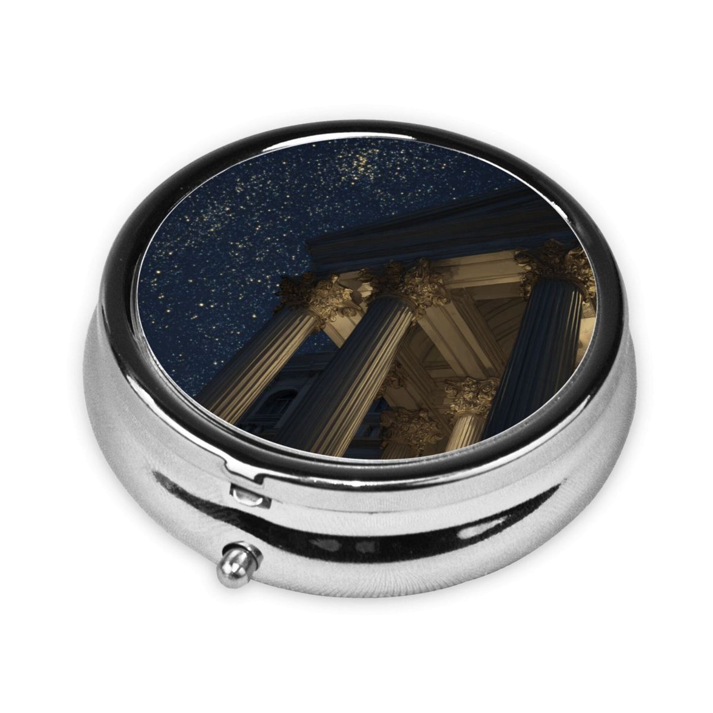 Round Mini Pill Box with Starry Sky & Classical Pillars Design – Portable 3-Compartment Metal Organizer, 4.5cm Diameter