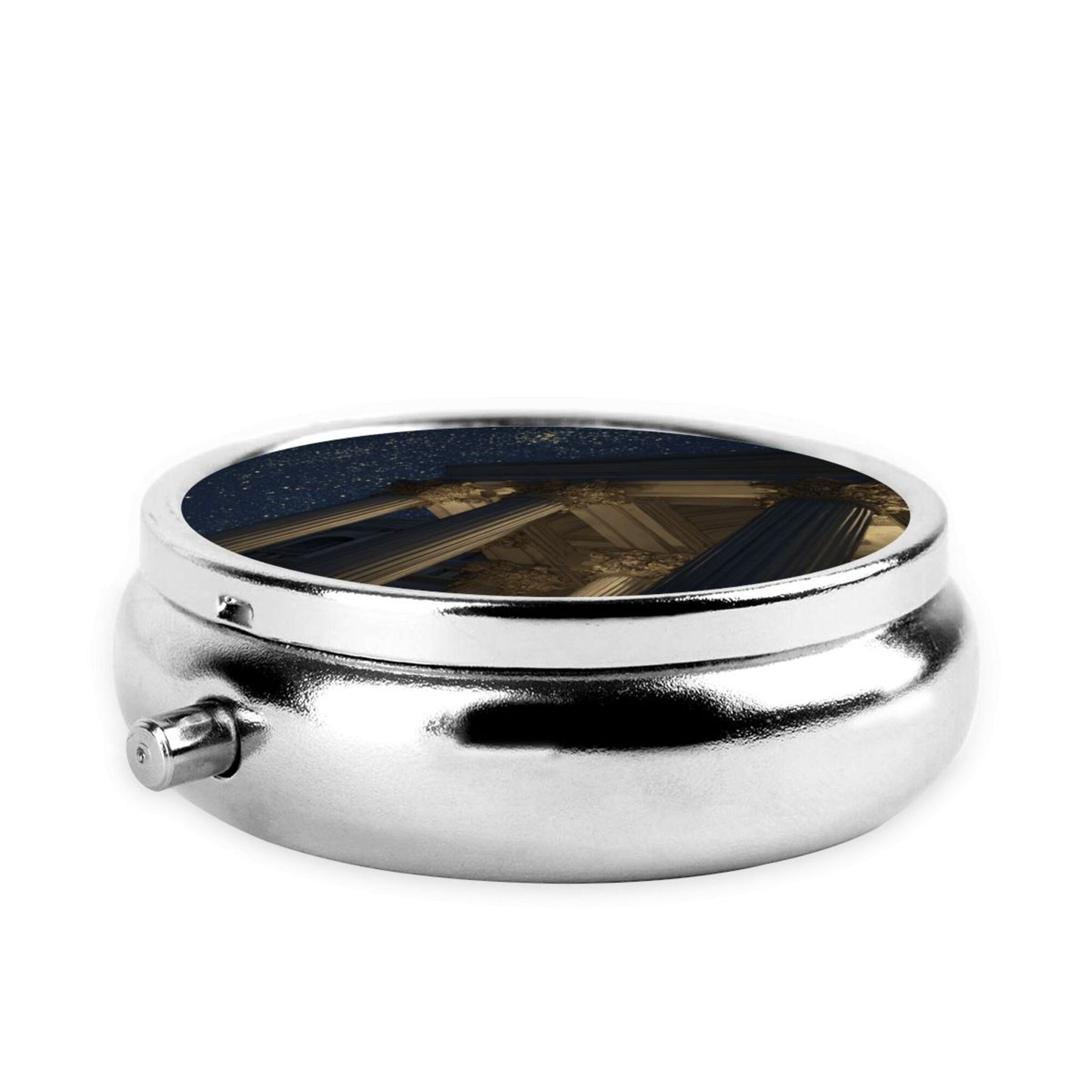 Round Mini Pill Box with Starry Sky & Classical Pillars Design – Portable 3-Compartment Metal Organizer, 4.5cm Diameter