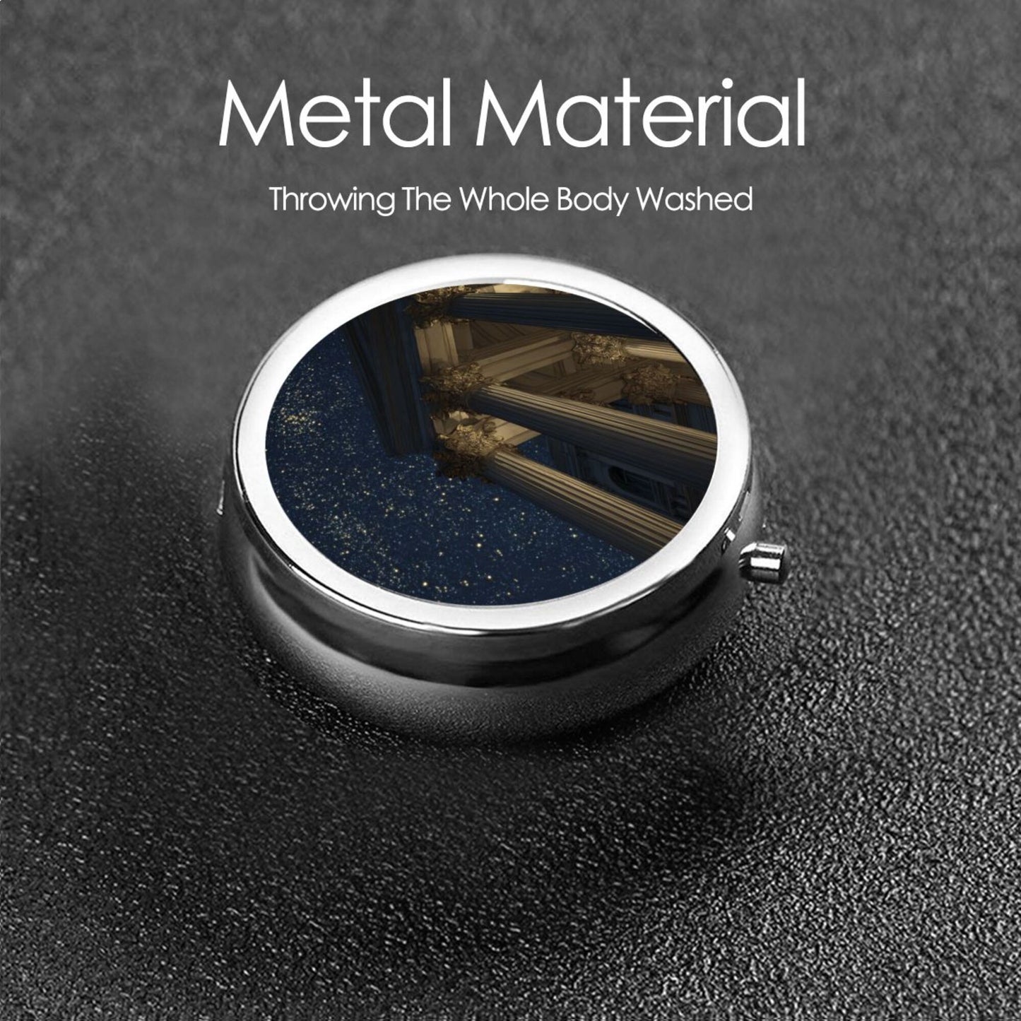 Round Mini Pill Box with Starry Sky & Classical Pillars Design – Portable 3-Compartment Metal Organizer, 4.5cm Diameter