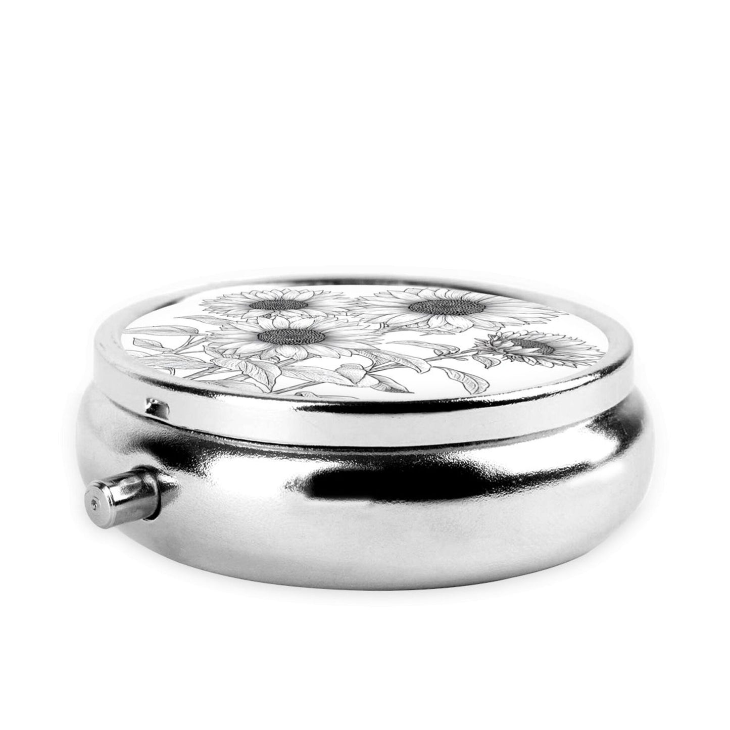 Round Mini Pill Box with Hand-Drawn Sunflower Floral Design – Portable 3-Compartment Metal Organizer, 4.5cm Diameter