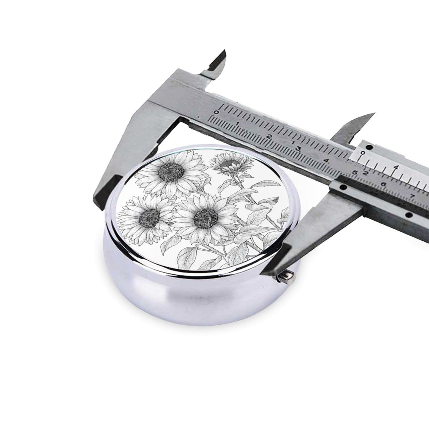 Round Mini Pill Box with Hand-Drawn Sunflower Floral Design – Portable 3-Compartment Metal Organizer, 4.5cm Diameter