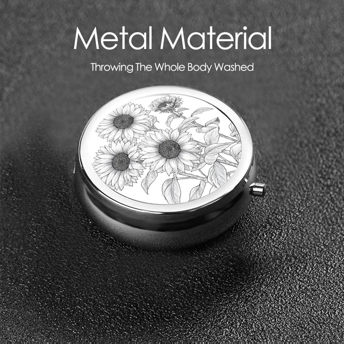 Round Mini Pill Box with Hand-Drawn Sunflower Floral Design – Portable 3-Compartment Metal Organizer, 4.5cm Diameter