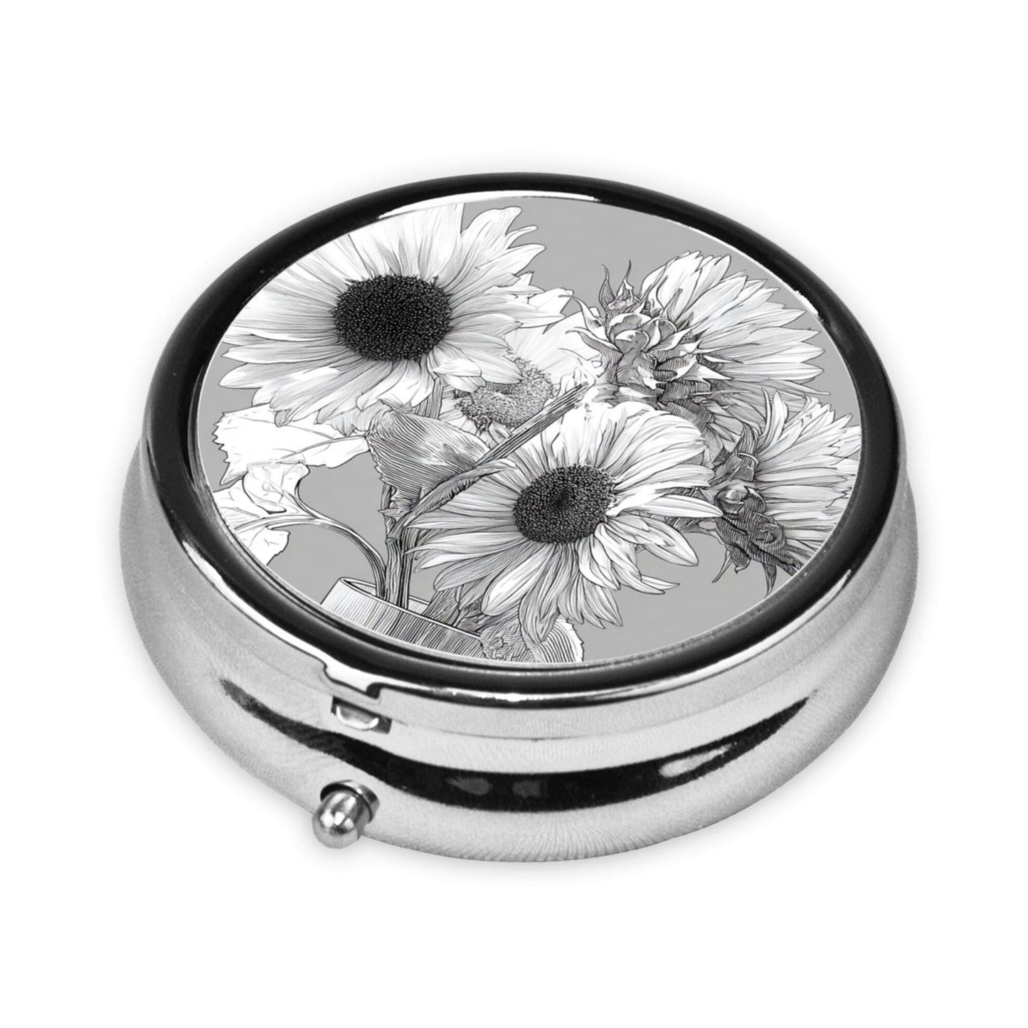 Round Mini Pill Box with Black & White Hand-Drawn Sunflower Design – Portable 3-Compartment Metal Organizer, 4.5cm Diameter