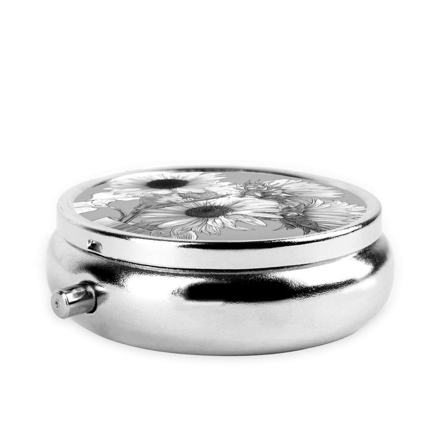 Round Mini Pill Box with Black & White Hand-Drawn Sunflower Design – Portable 3-Compartment Metal Organizer, 4.5cm Diameter