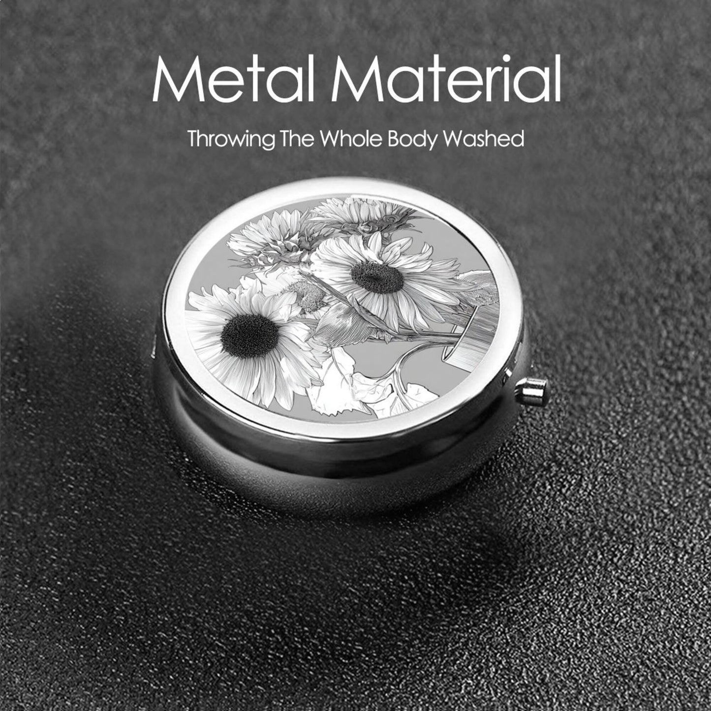 Round Mini Pill Box with Black & White Hand-Drawn Sunflower Design – Portable 3-Compartment Metal Organizer, 4.5cm Diameter