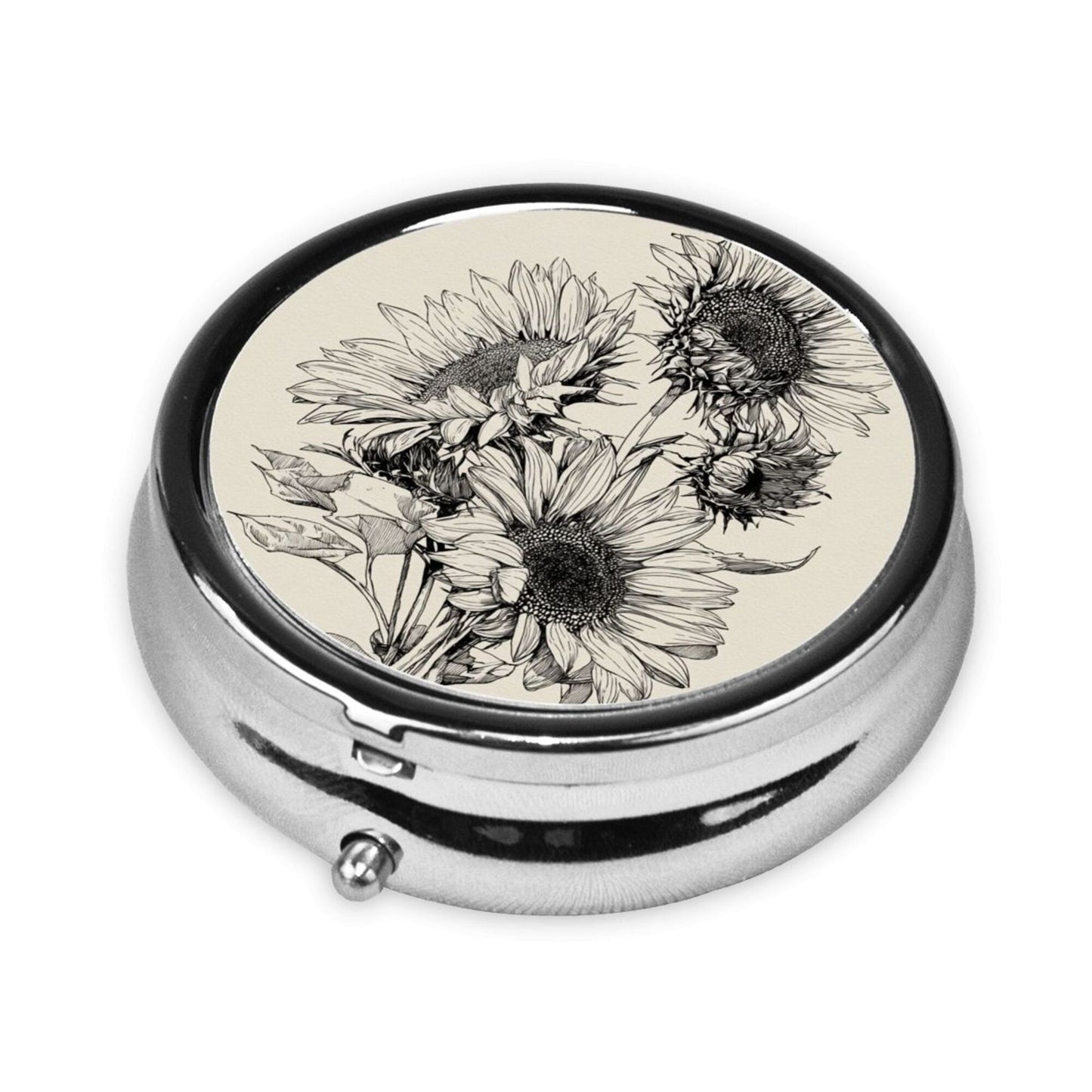Round Mini Pill Box with Vintage Black & White Hand-Drawn Sunflower Design – Portable 3-Compartment Metal Organizer, 4.5cm Diameter