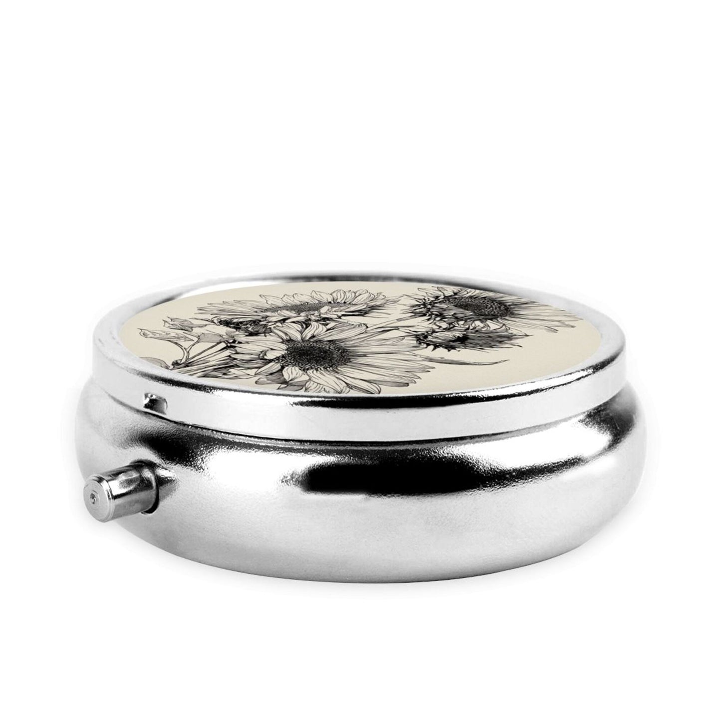 Round Mini Pill Box with Vintage Black & White Hand-Drawn Sunflower Design – Portable 3-Compartment Metal Organizer, 4.5cm Diameter