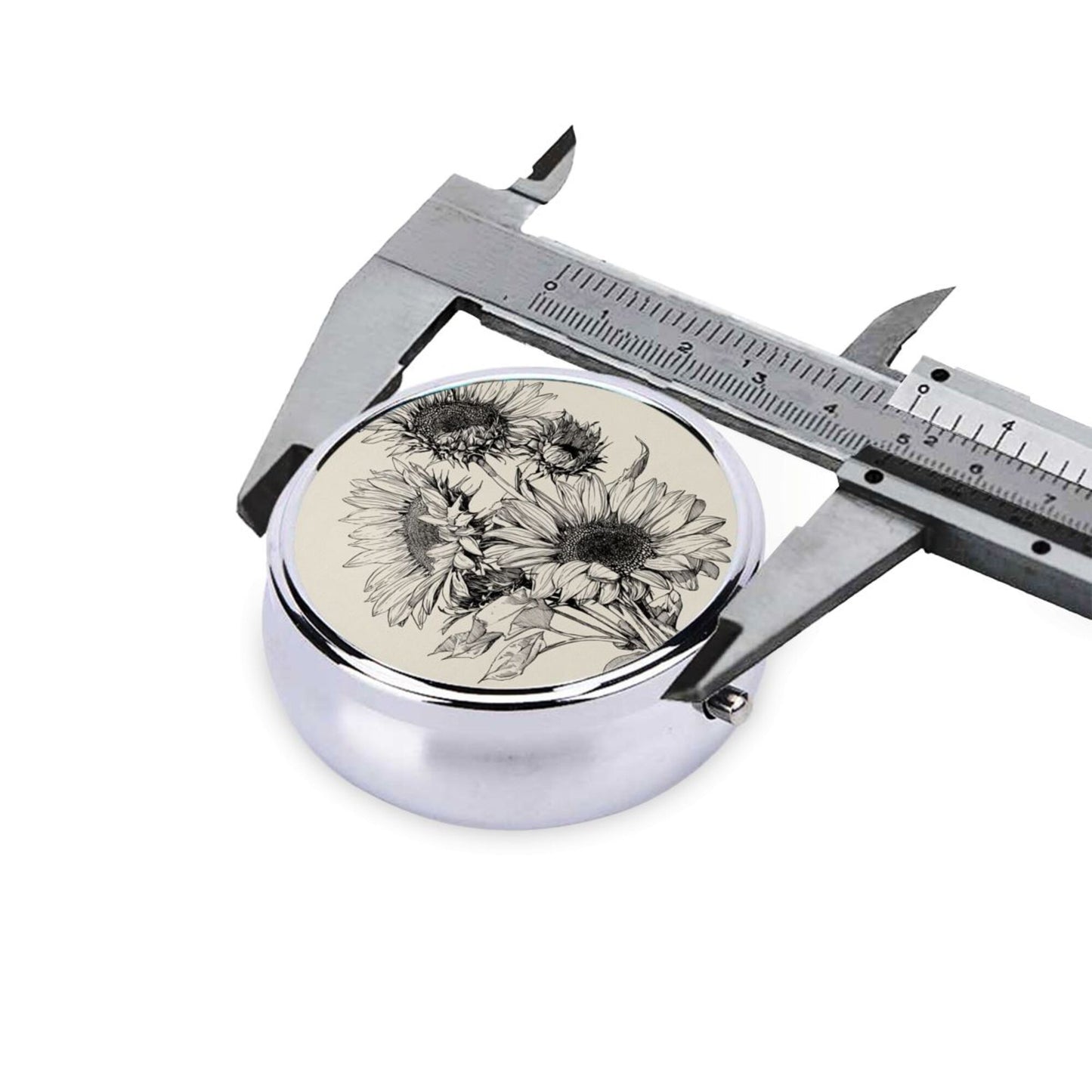 Round Mini Pill Box with Vintage Black & White Hand-Drawn Sunflower Design – Portable 3-Compartment Metal Organizer, 4.5cm Diameter