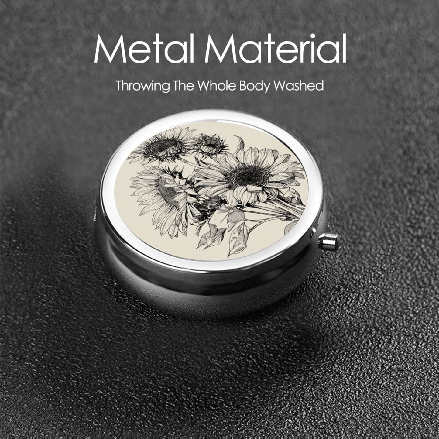 Round Mini Pill Box with Vintage Black & White Hand-Drawn Sunflower Design – Portable 3-Compartment Metal Organizer, 4.5cm Diameter