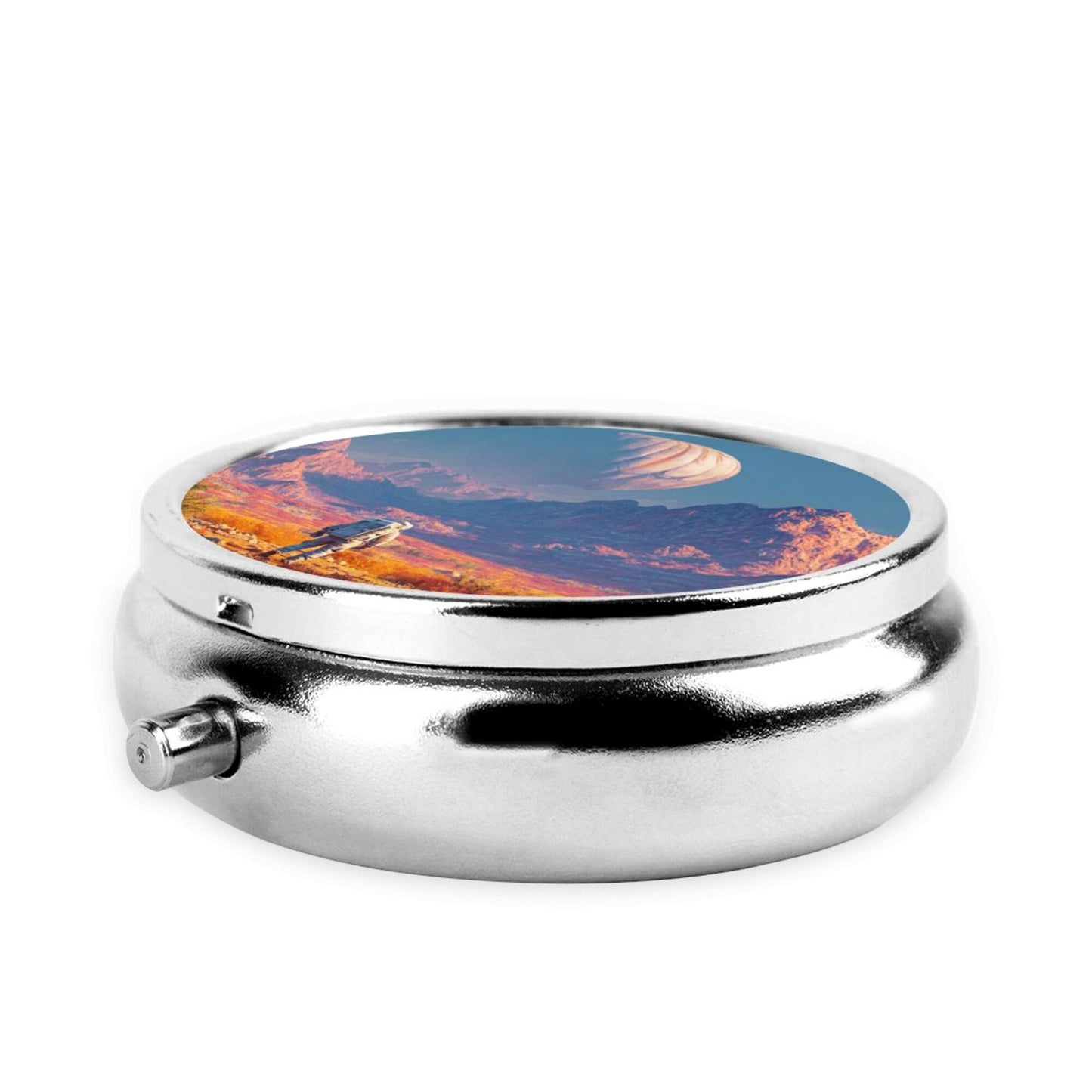 Round Mini Pill Box with Sci-Fi Astronaut & Alien Landscape Design – Portable 3-Compartment Metal Organizer, 4.5cm Diameter