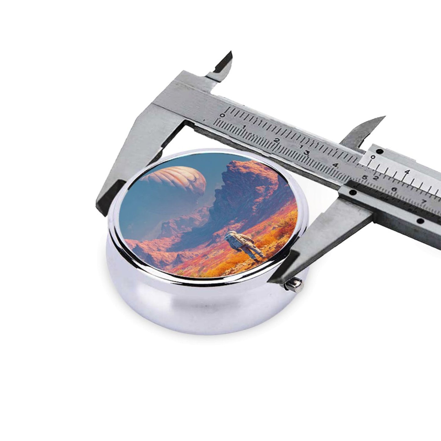Round Mini Pill Box with Sci-Fi Astronaut & Alien Landscape Design – Portable 3-Compartment Metal Organizer, 4.5cm Diameter