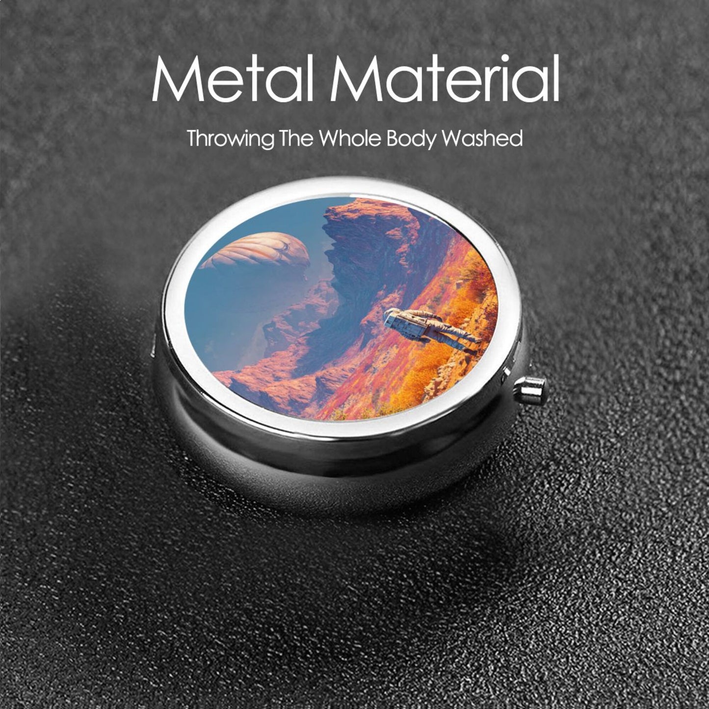 Round Mini Pill Box with Sci-Fi Astronaut & Alien Landscape Design – Portable 3-Compartment Metal Organizer, 4.5cm Diameter