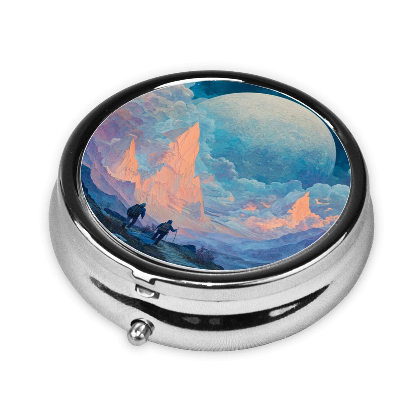 Round Mini Pill Box with Sci-Fi Planet & Fantasy Cloud Design – Portable 3-Compartment Metal Organizer, 4.5cm Diameter