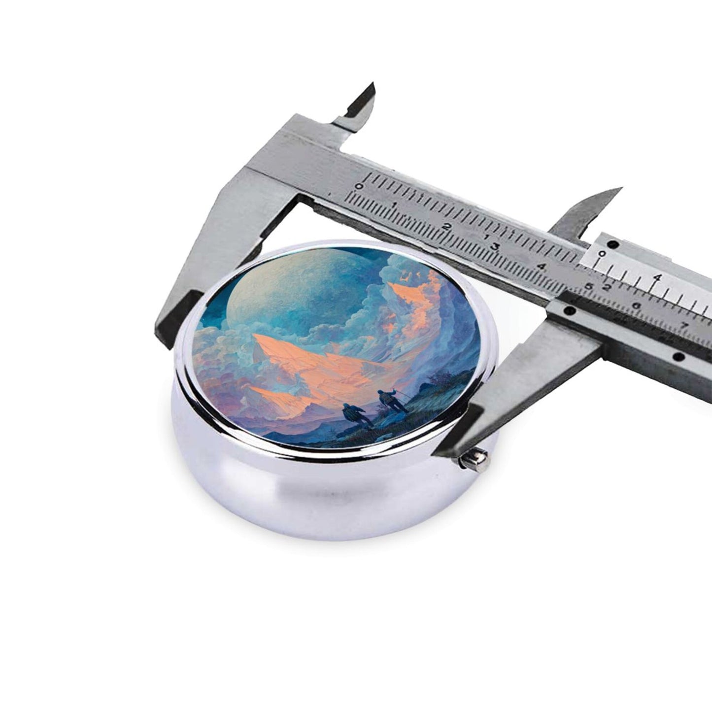 Round Mini Pill Box with Sci-Fi Planet & Fantasy Cloud Design – Portable 3-Compartment Metal Organizer, 4.5cm Diameter