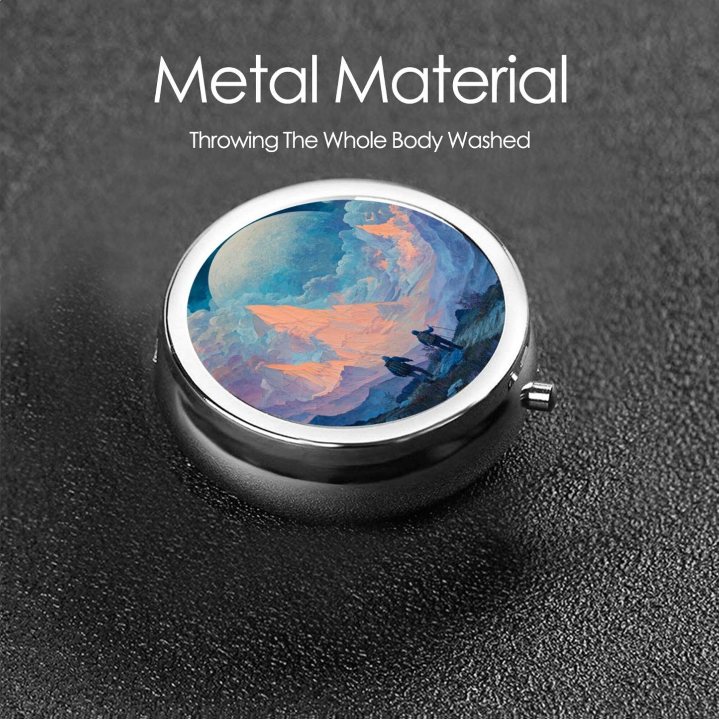 Round Mini Pill Box with Sci-Fi Planet & Fantasy Cloud Design – Portable 3-Compartment Metal Organizer, 4.5cm Diameter