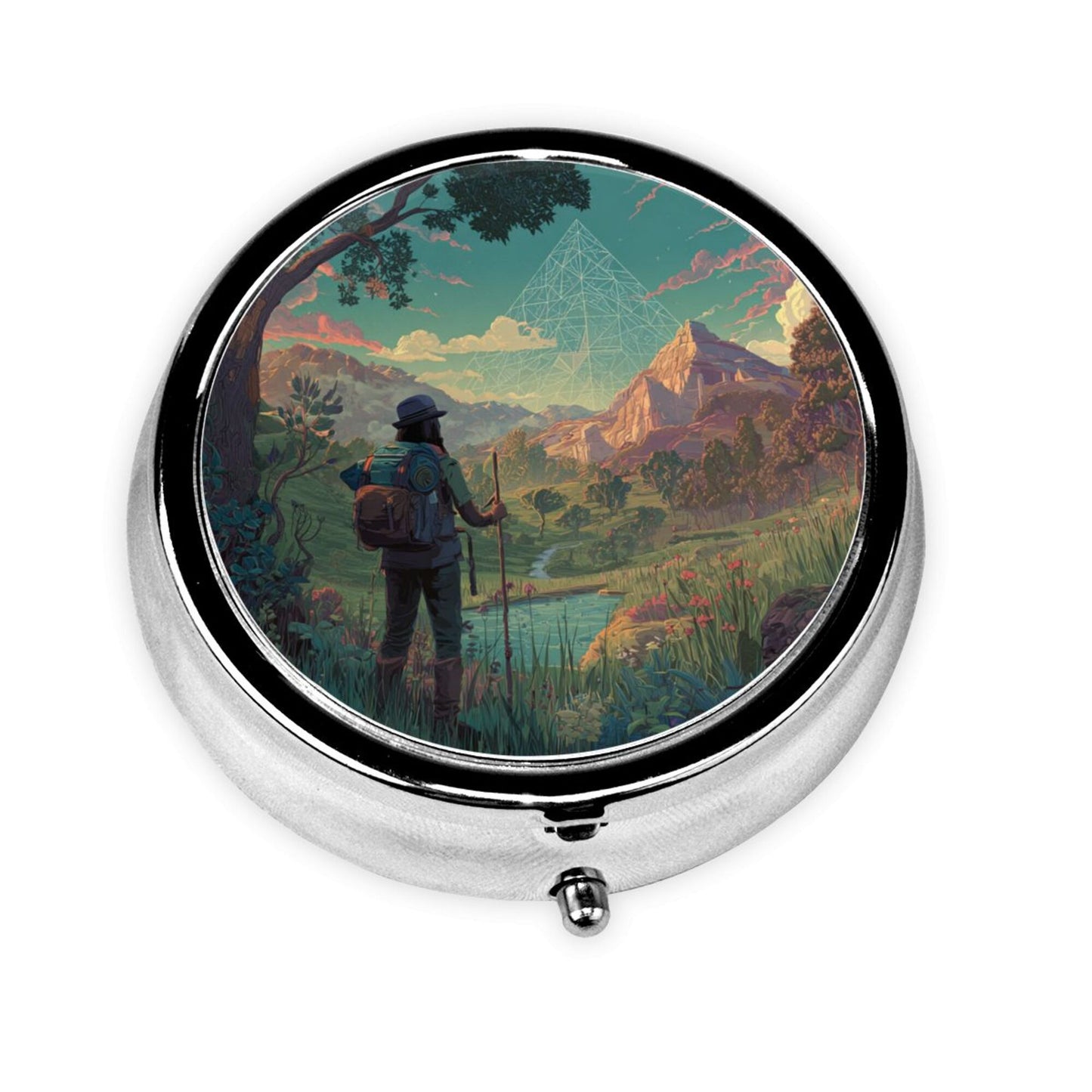 Round Mini Pill Box with Explorer & Mountain Scenery Design – Portable 3-Compartment Metal Organizer, 4.5cm Diameter