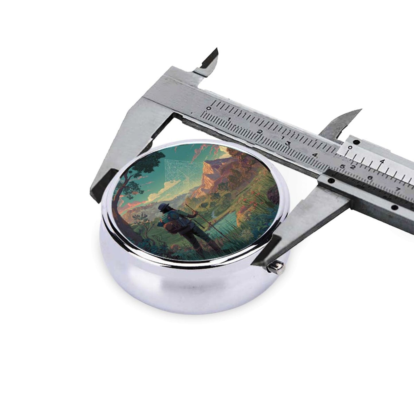 Round Mini Pill Box with Explorer & Mountain Scenery Design – Portable 3-Compartment Metal Organizer, 4.5cm Diameter