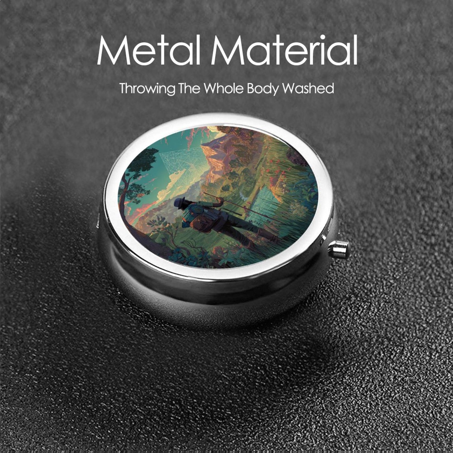 Round Mini Pill Box with Explorer & Mountain Scenery Design – Portable 3-Compartment Metal Organizer, 4.5cm Diameter