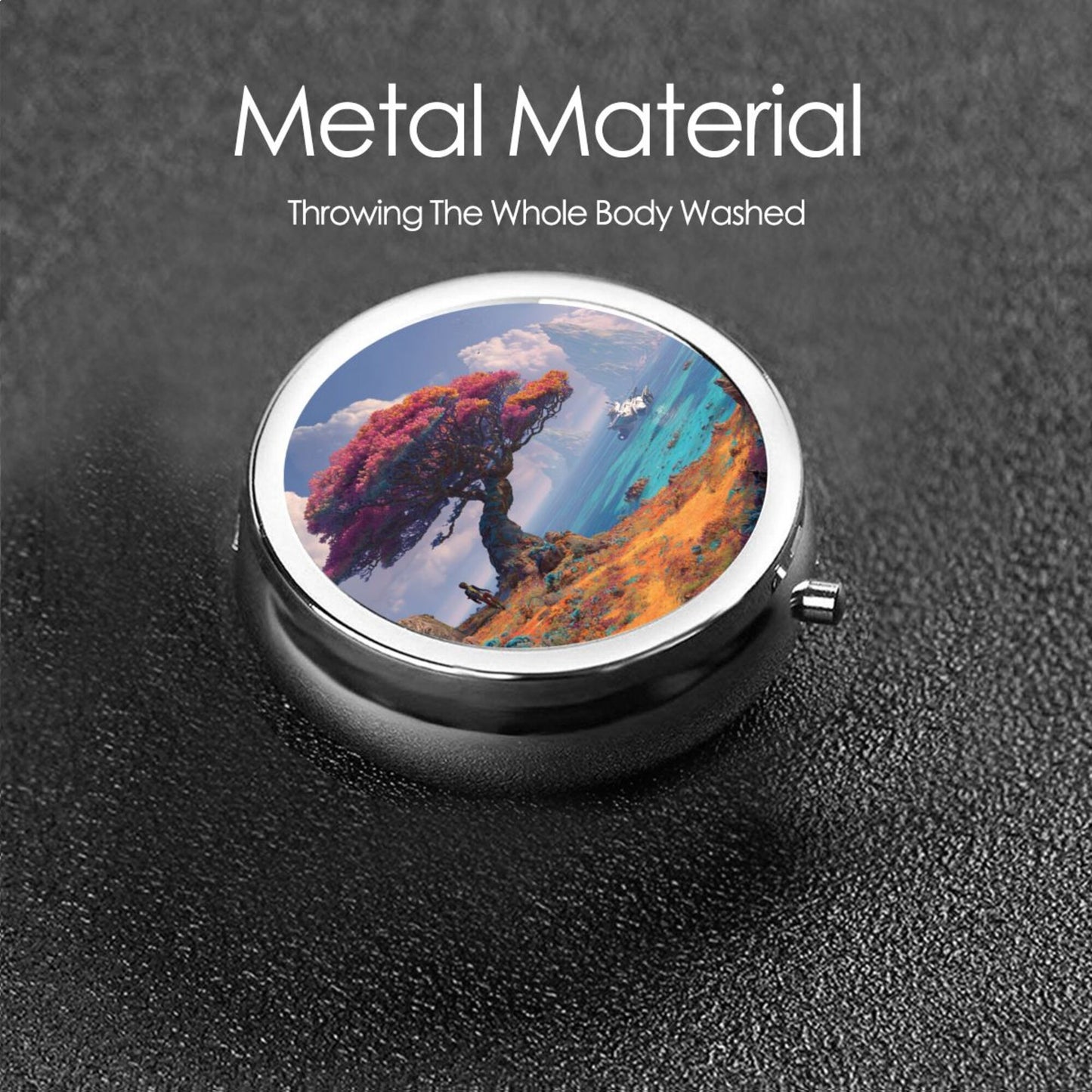 Round Mini Pill Box with Fantasy Tree & Ocean Design – Portable 3-Compartment Metal Organizer, 4.5cm Diameter