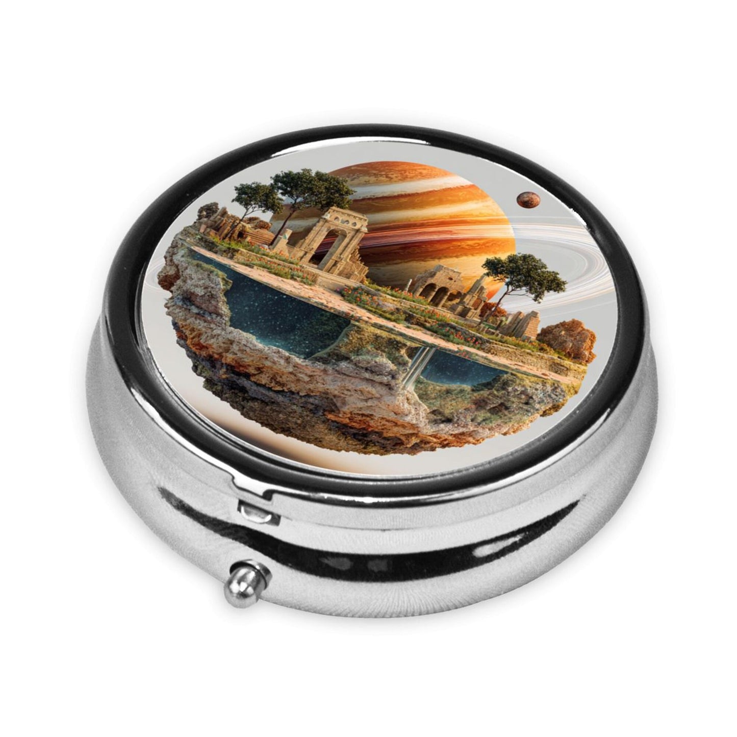 Round Mini Pill Box with Fantasy Architecture & Planet Design – Portable 3-Compartment Metal Organizer, 4.5cm Diameter