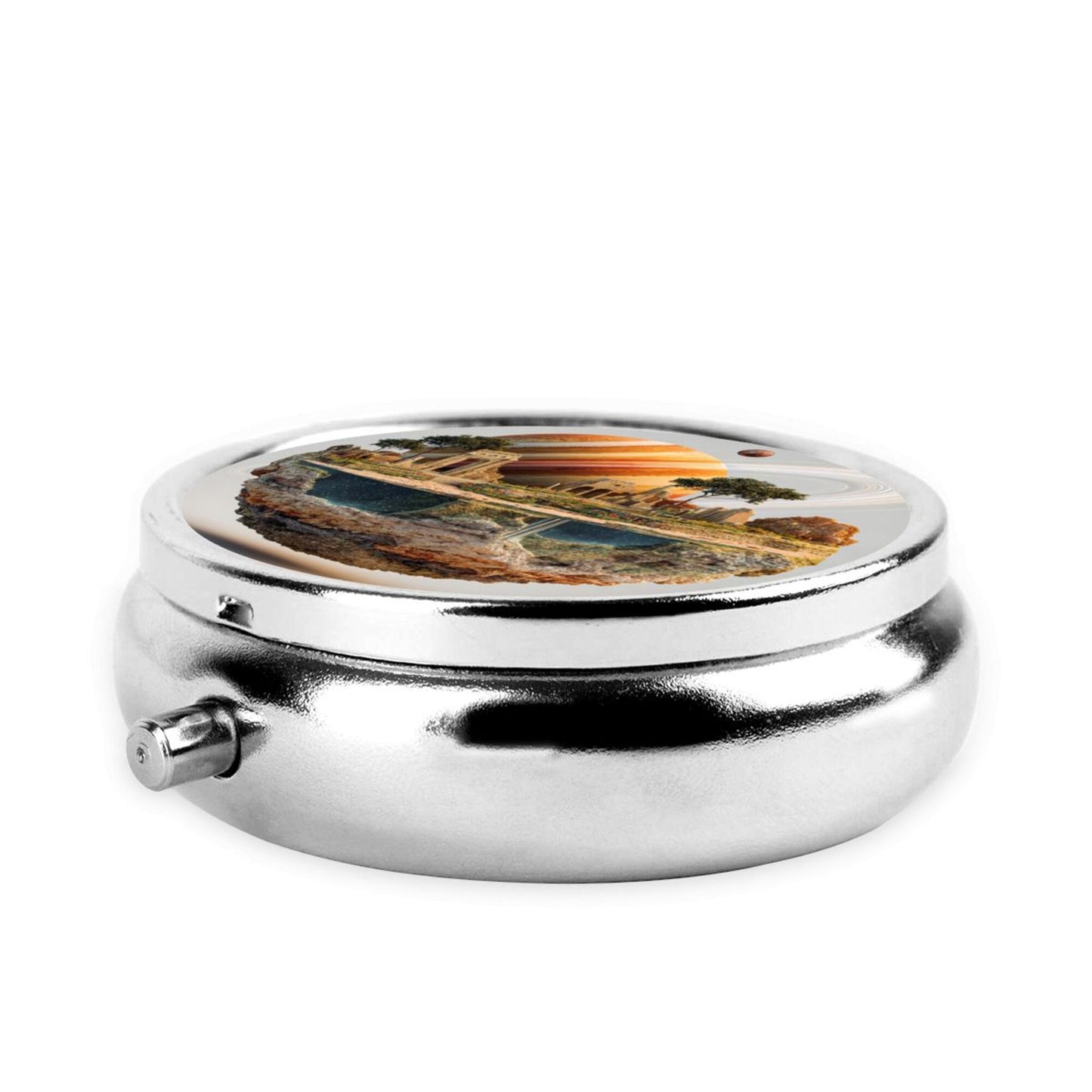 Round Mini Pill Box with Fantasy Architecture & Planet Design – Portable 3-Compartment Metal Organizer, 4.5cm Diameter