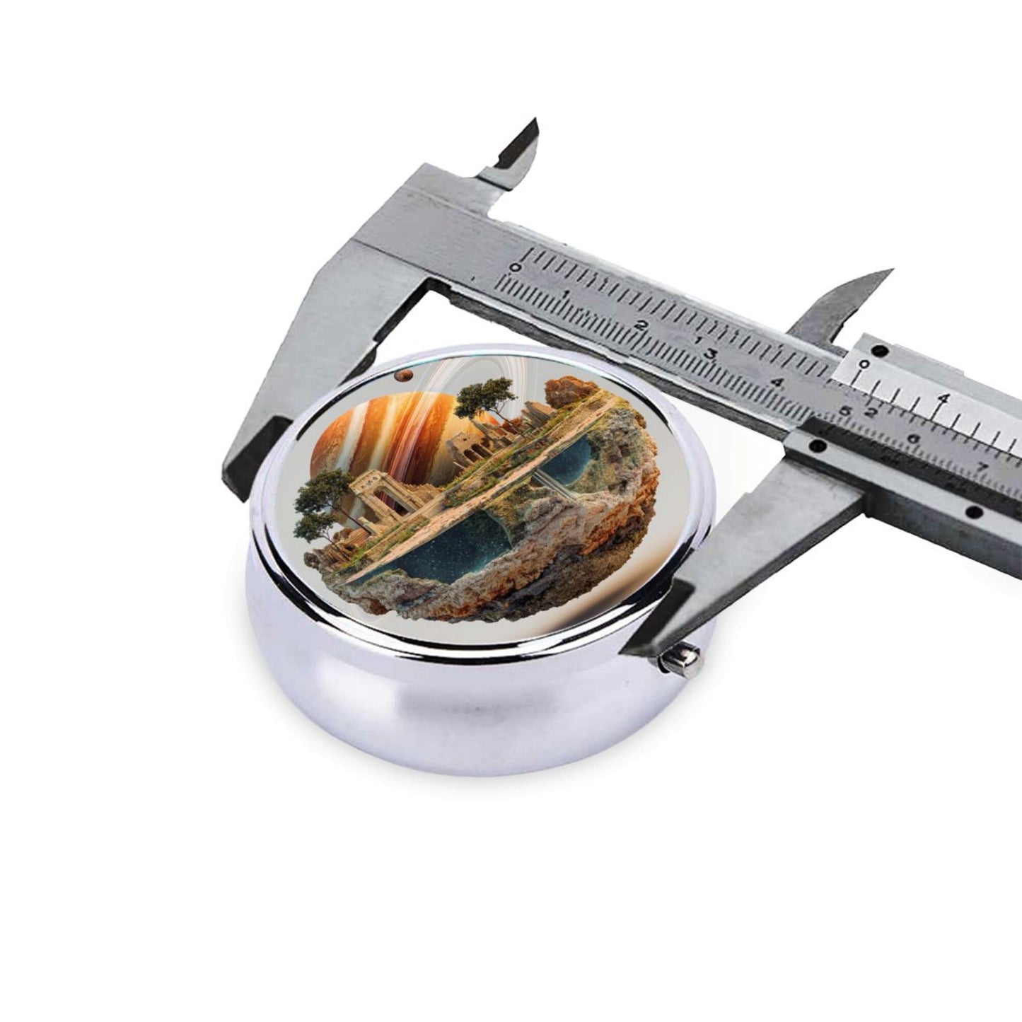 Round Mini Pill Box with Fantasy Architecture & Planet Design – Portable 3-Compartment Metal Organizer, 4.5cm Diameter