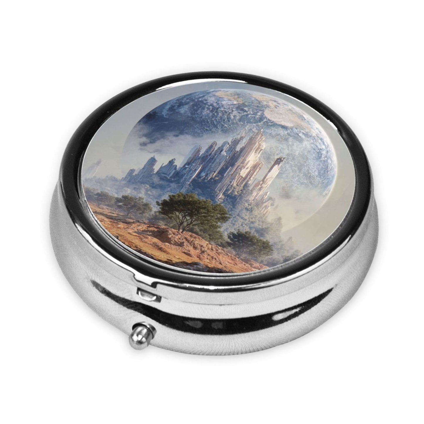 Round Mini Pill Box with Mountain & Earth Landscape Design – Portable 3-Compartment Metal Organizer, 4.5cm Diameter