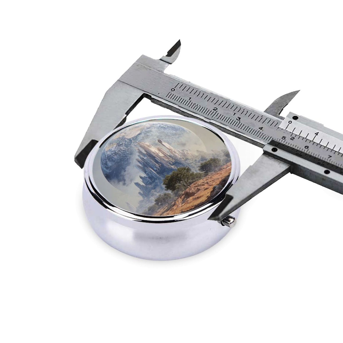 Round Mini Pill Box with Mountain & Earth Landscape Design – Portable 3-Compartment Metal Organizer, 4.5cm Diameter